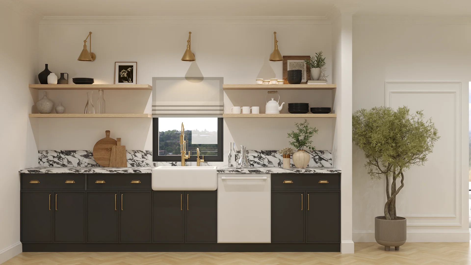 Kitchen with black shaker cabinets, brass pulls, marble splash, gold pendant lights, and farmhouse sink