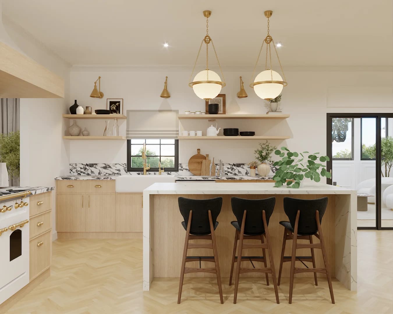 Light wood kitchen with white cabinets, marble splash, black bar stools at island, and brass globe pendants