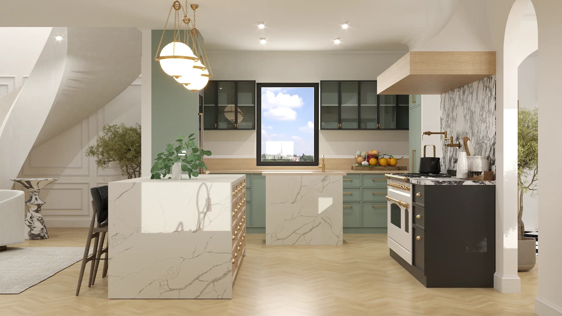 Sage shaker kitchen with white marble waterfall island, brass globe pendants, and curved travertine staircase visible at left