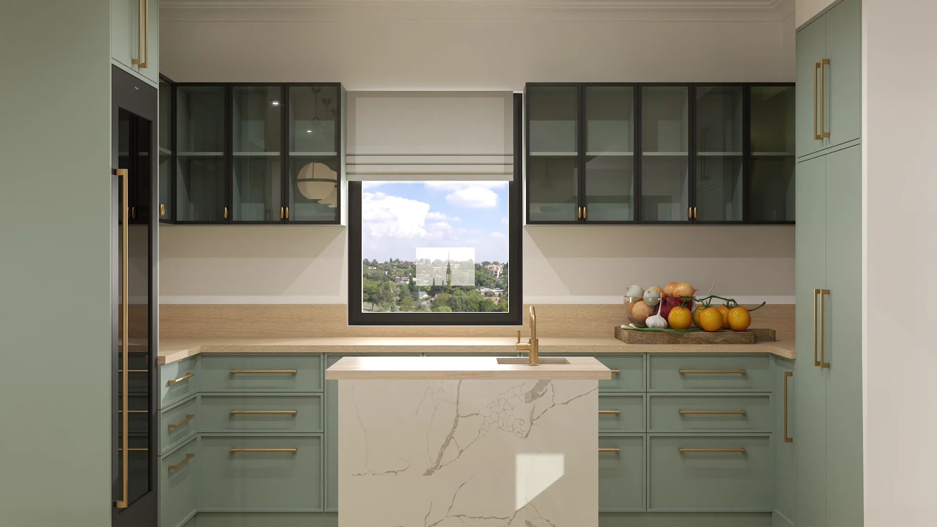 Sage shaker kitchen with marble splash, glass upper cabinets, and waterfall island under brass globe pendant