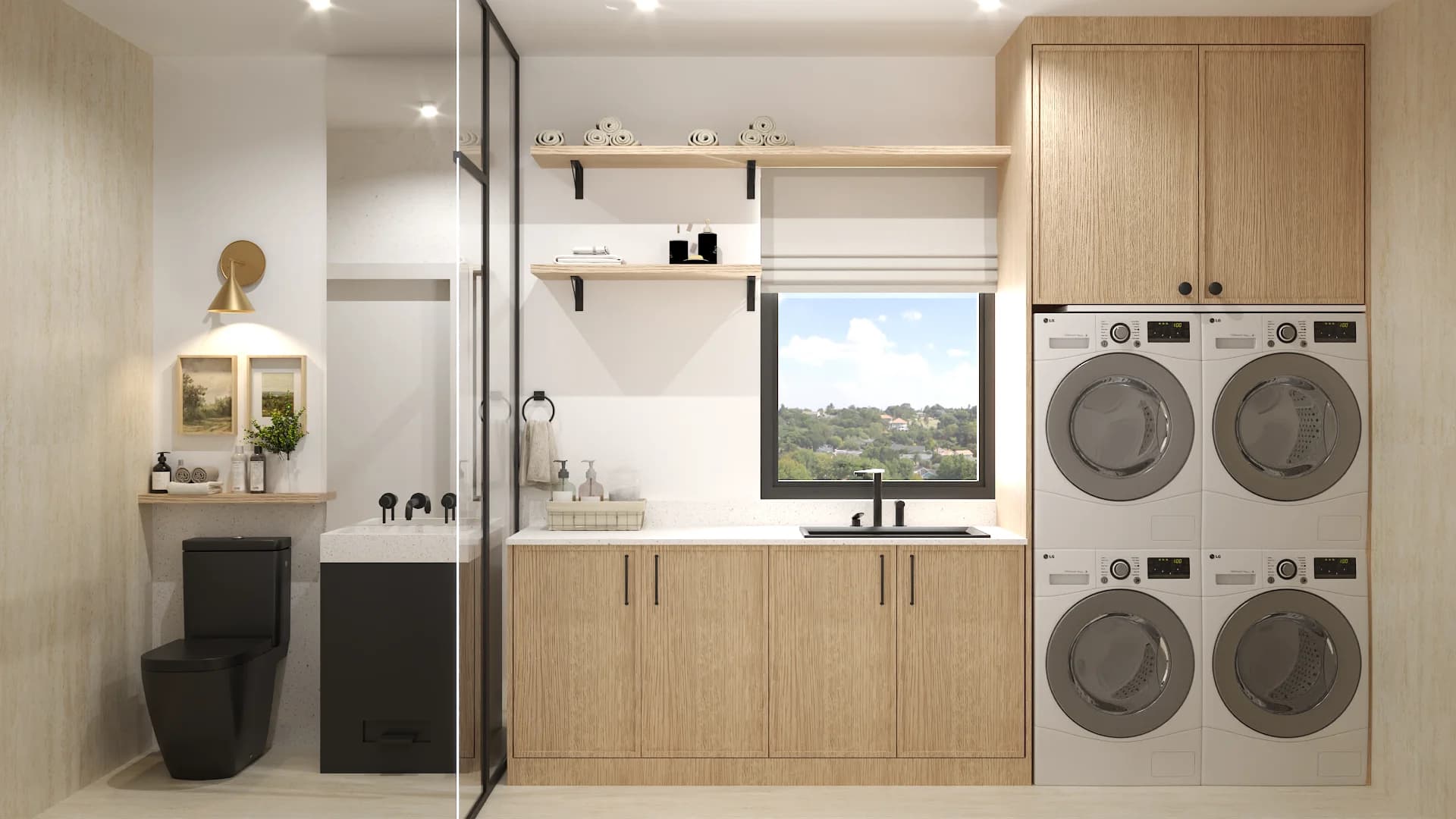 Laundry room with light wood cabinets, stacked washer and dryer, sink, black toilet, and mirror with sconce