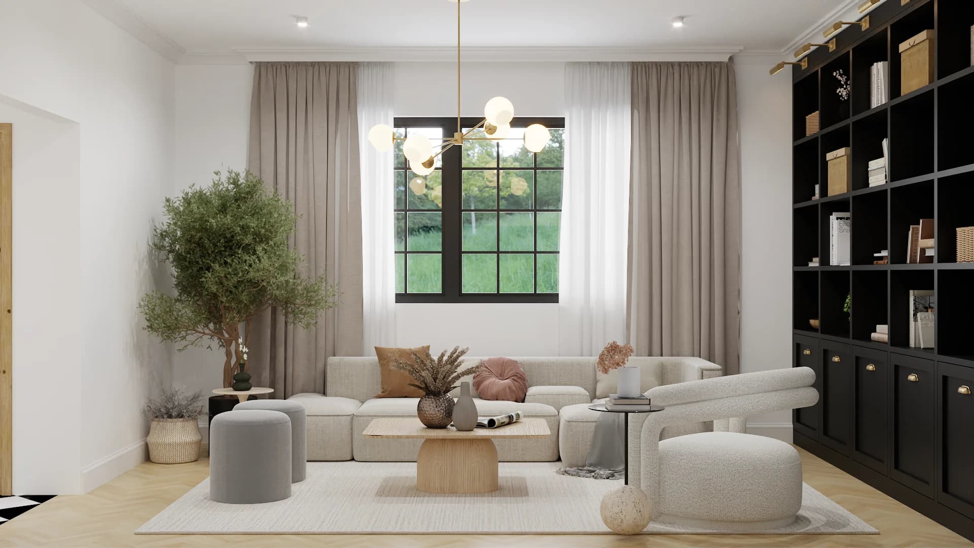 Living room with sectional facing black bookcase wall, brass chandelier, olive tree, and tall window above