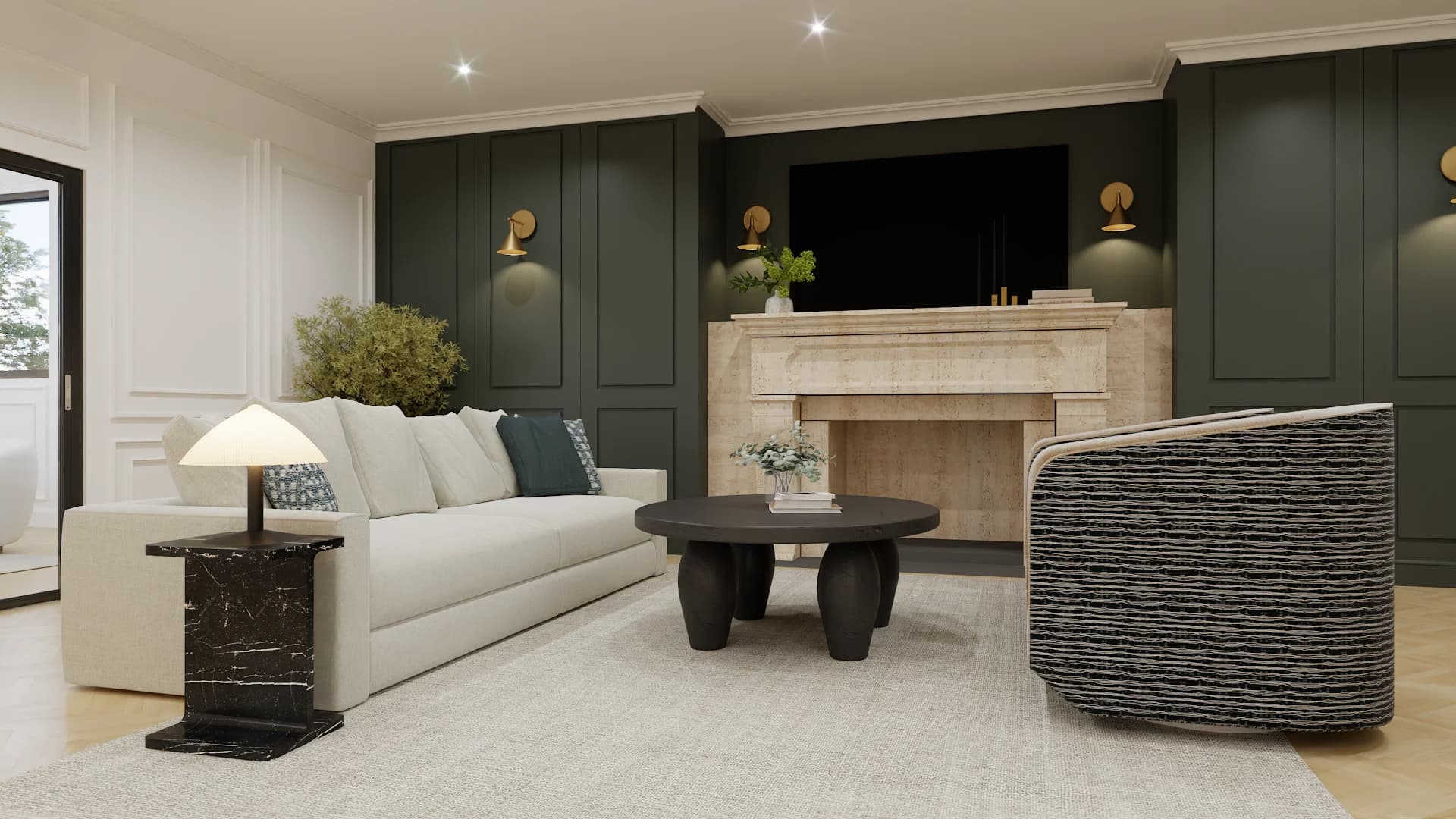 Cream sofa with marble side table facing travertine fireplace beneath mounted TV in green panel lounge