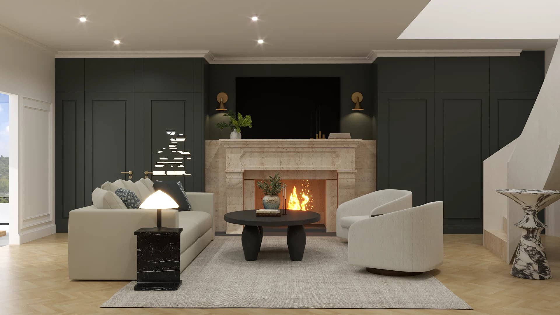 Forest green panel living room with travertine fireplace, white sofa, and sculptural side table beside stairs