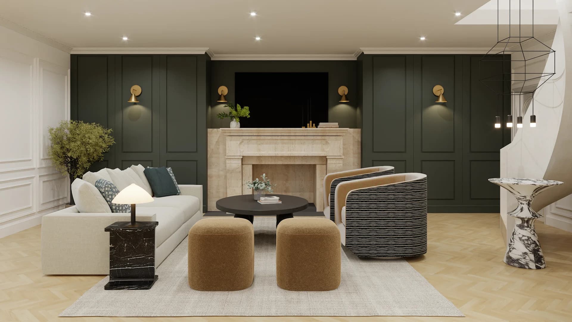 Formal living room with forest green panel walls, travertine fireplace, mounted TV, and round coffee table