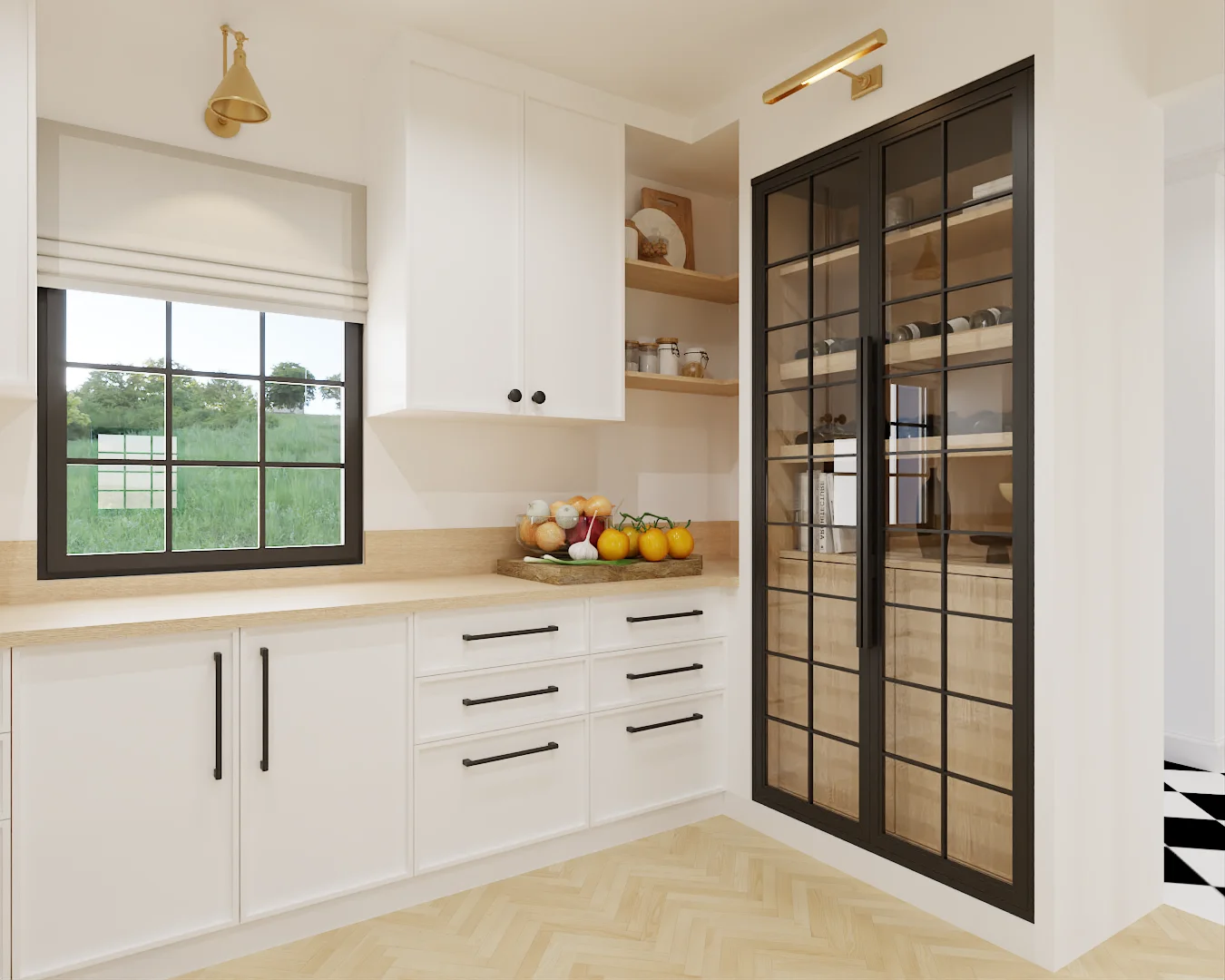 Pantry detail with white cabinets, brass pulls, light wood counter, and brass sconce above window
