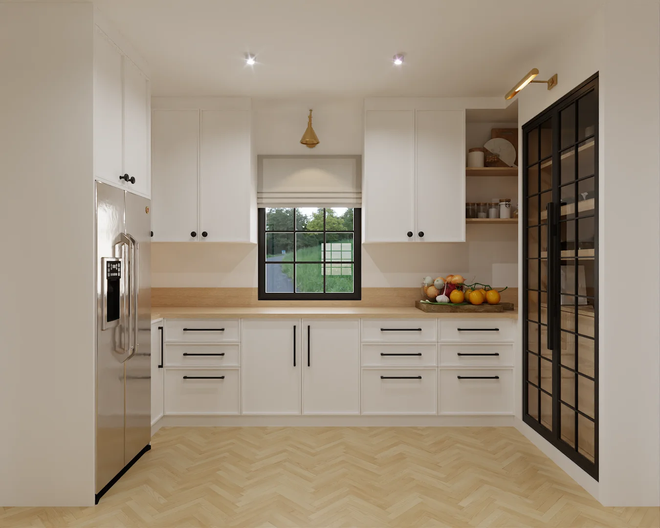 Pantry corner with white cabinets, light wood counter, fruit bowl, and tall black-framed glass pantry doors
