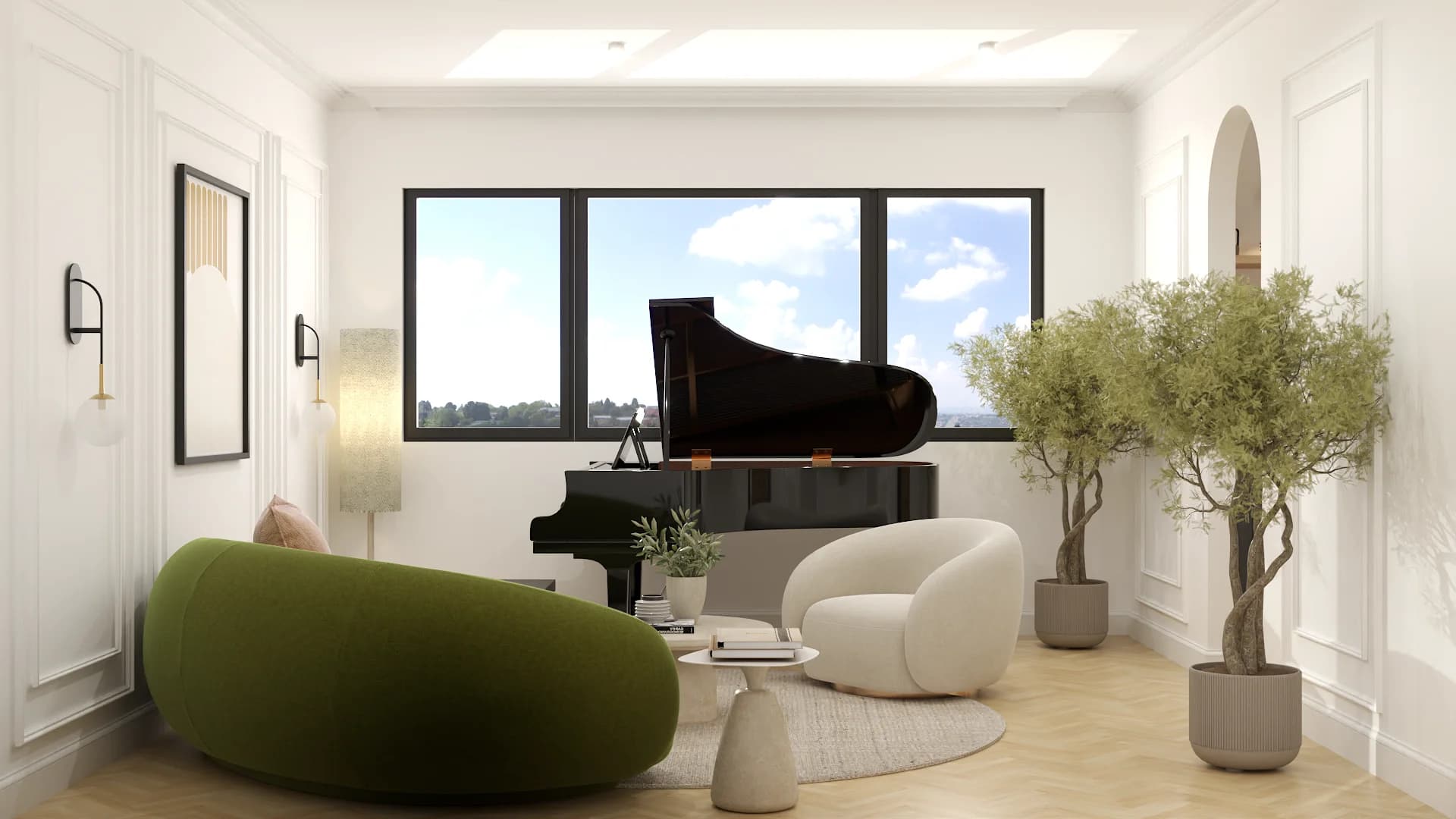 Wide piano room view with skylight, sky window, green sofa, boucle chair, and black grand piano