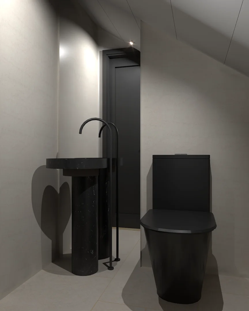 Small powder bath with black sculptural pedestal sink, black faucet, and black toilet under skylight