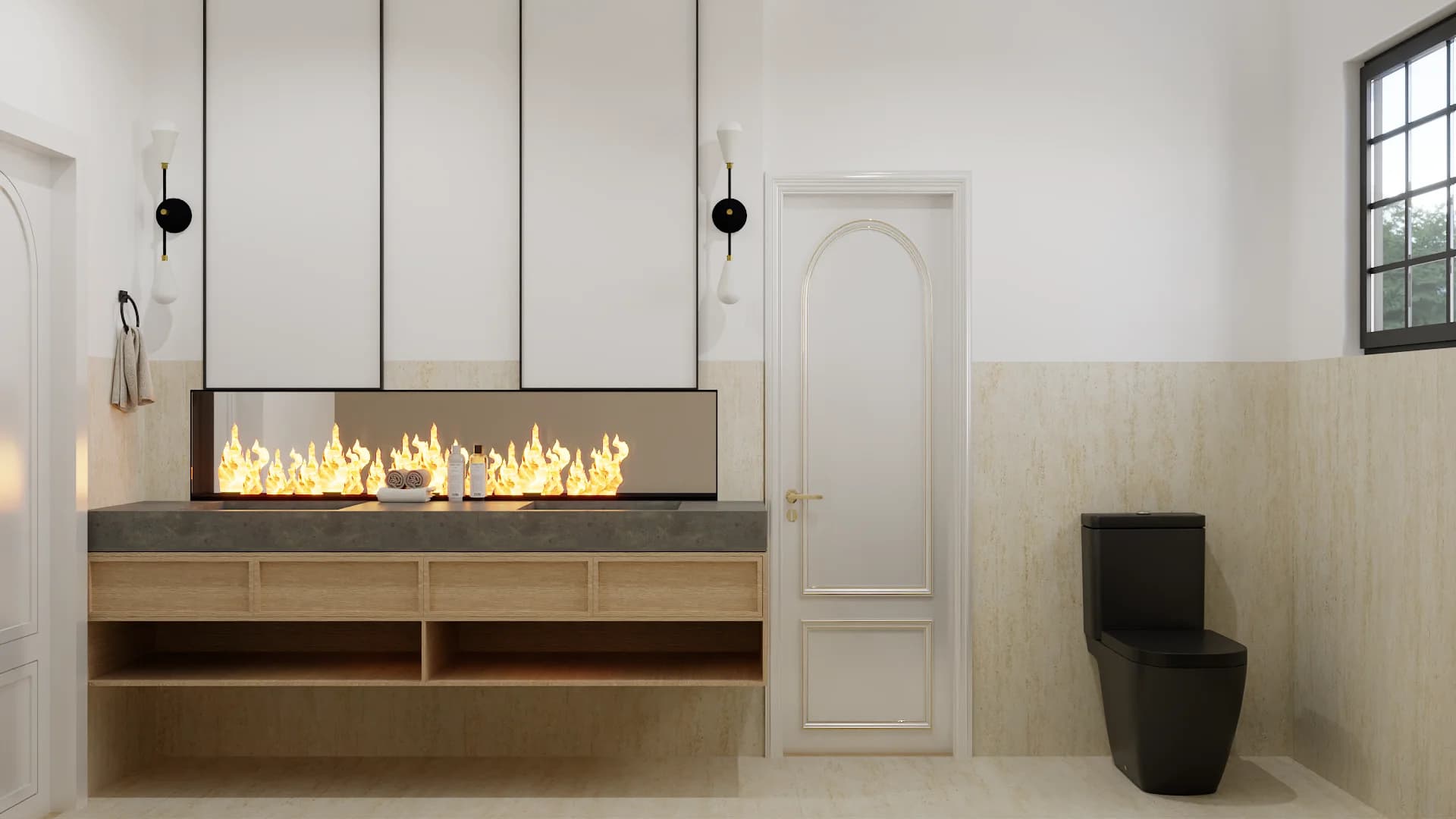 Powder bath with floating wood vanity, fire-feature trough, mounted artwork, black toilet, and travertine wainscot