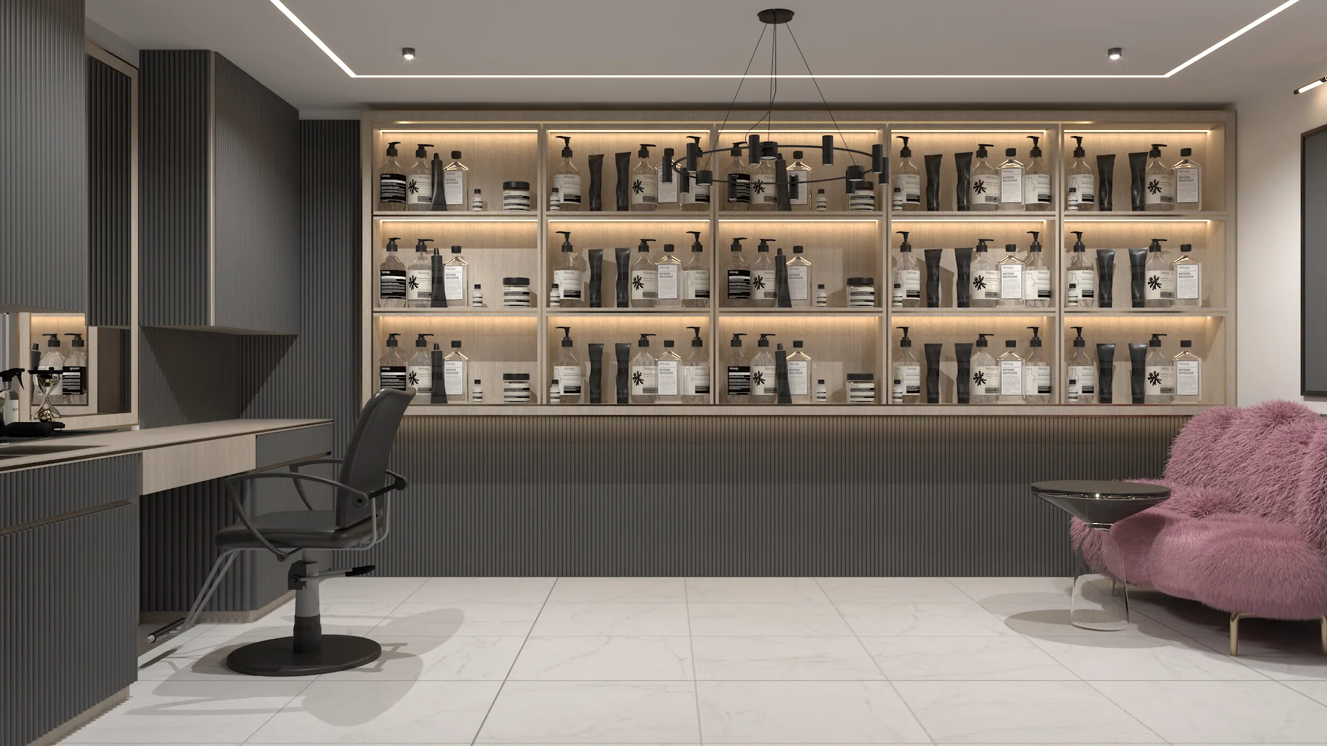 Home salon with grey ribbed cabinets, illuminated product display, and pink mohair accent sofa with side table