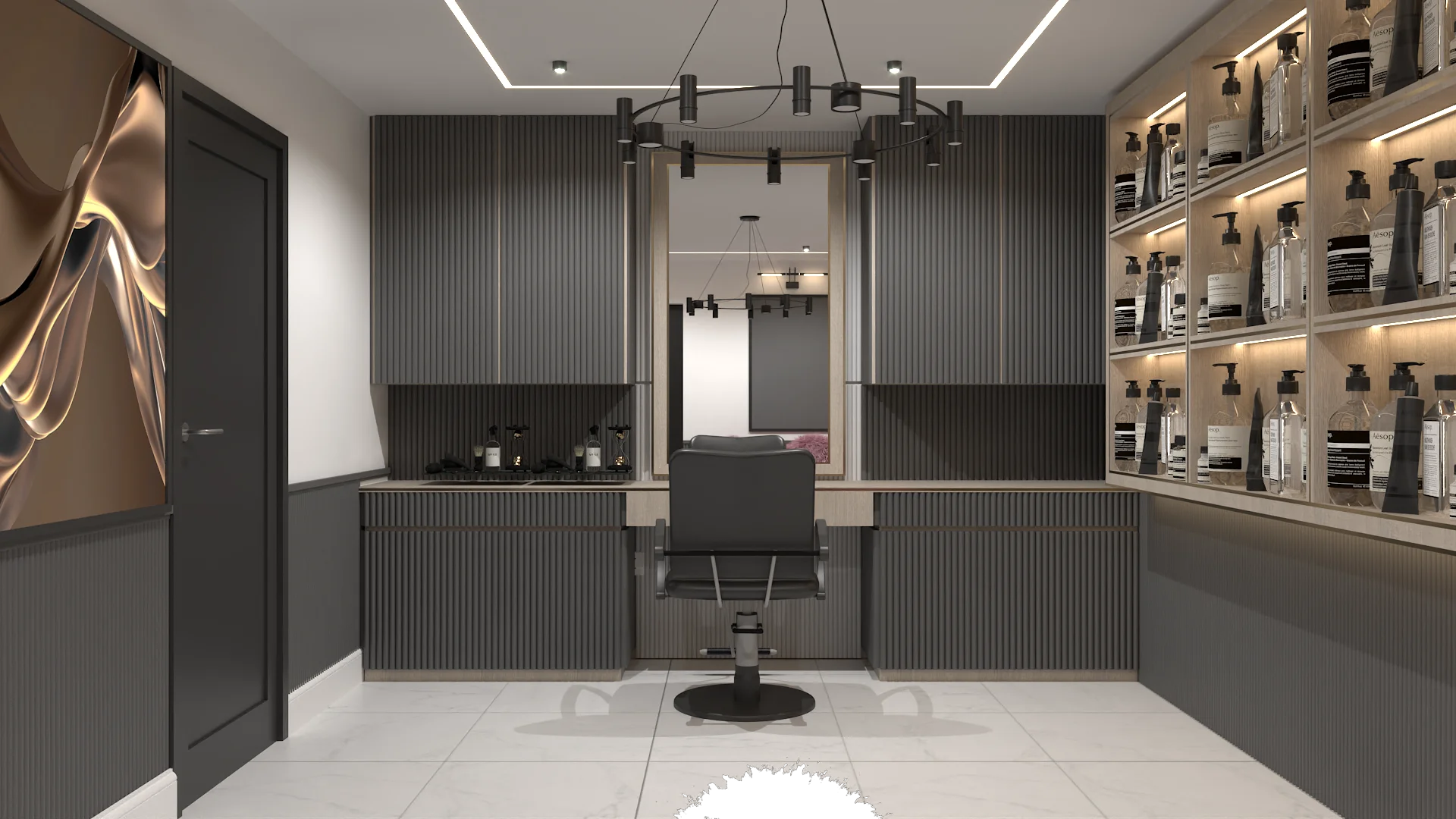 Home salon with grey ribbed cabinets, styling chair facing mirror, and illuminated product display wall