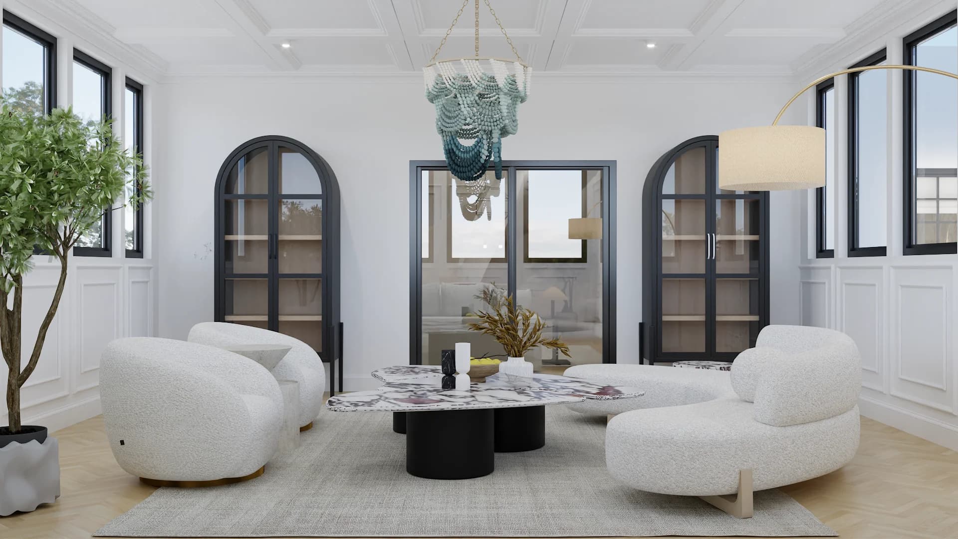 Sunroom with arched glass display cabinets, curved boucle seating, blue chandelier, and olive tree