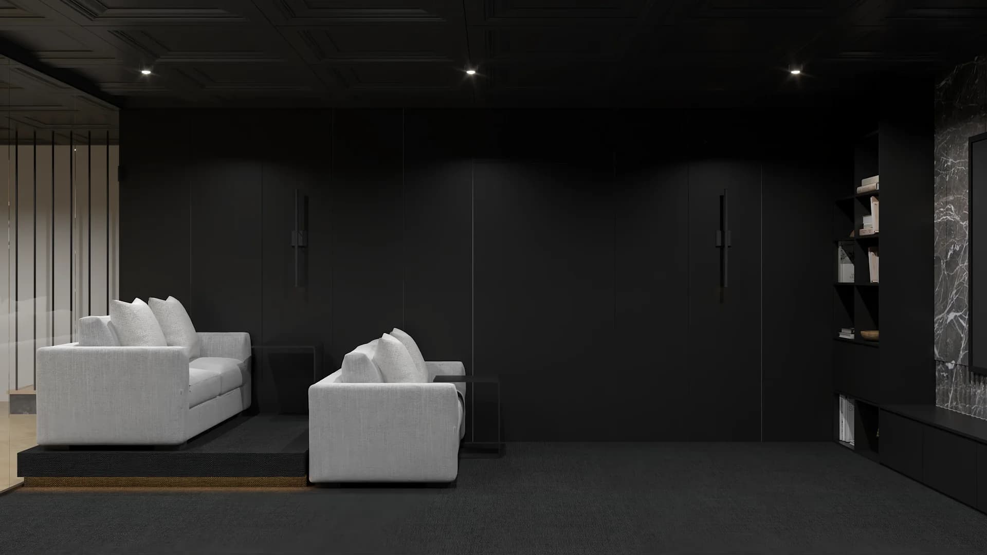 Home theater with two facing white sectional sofas in dark coffered room with marble wall accent