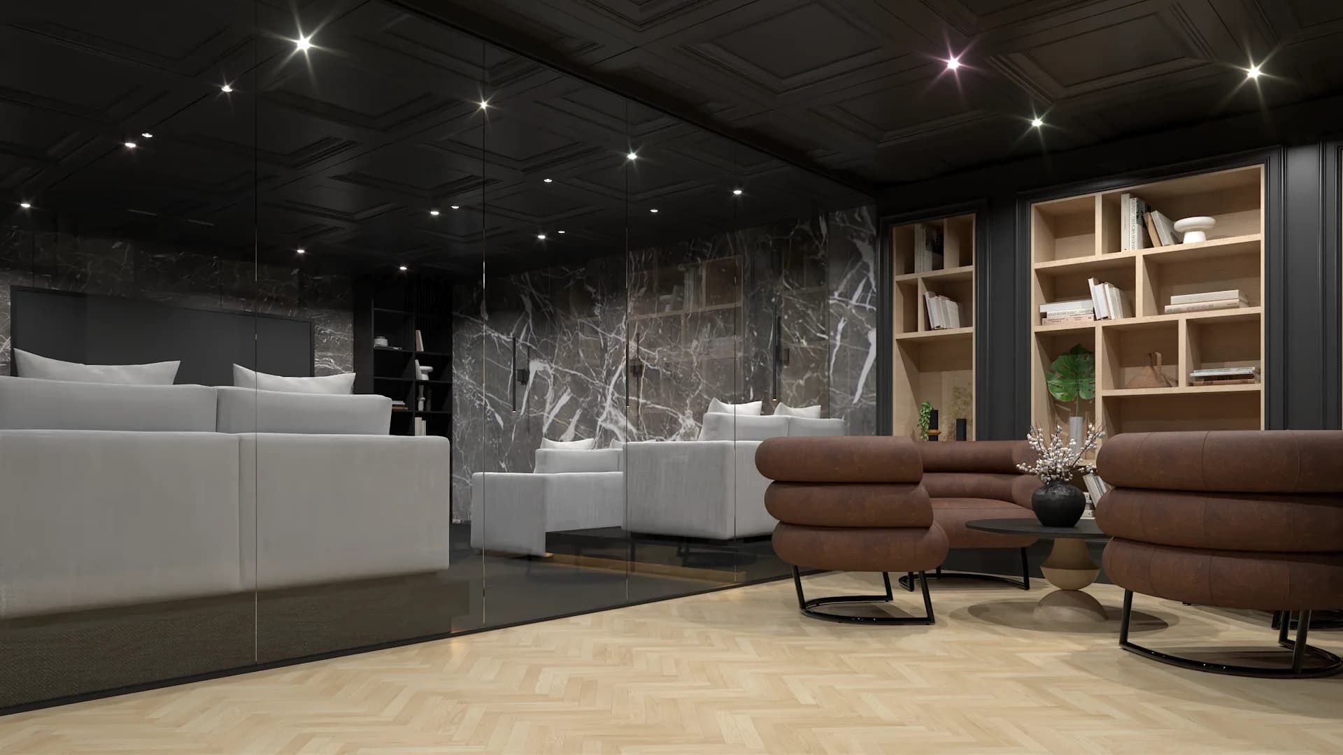 Home theater with white sofas reflected in dark marble wall, leather armchairs, and built-in shelving
