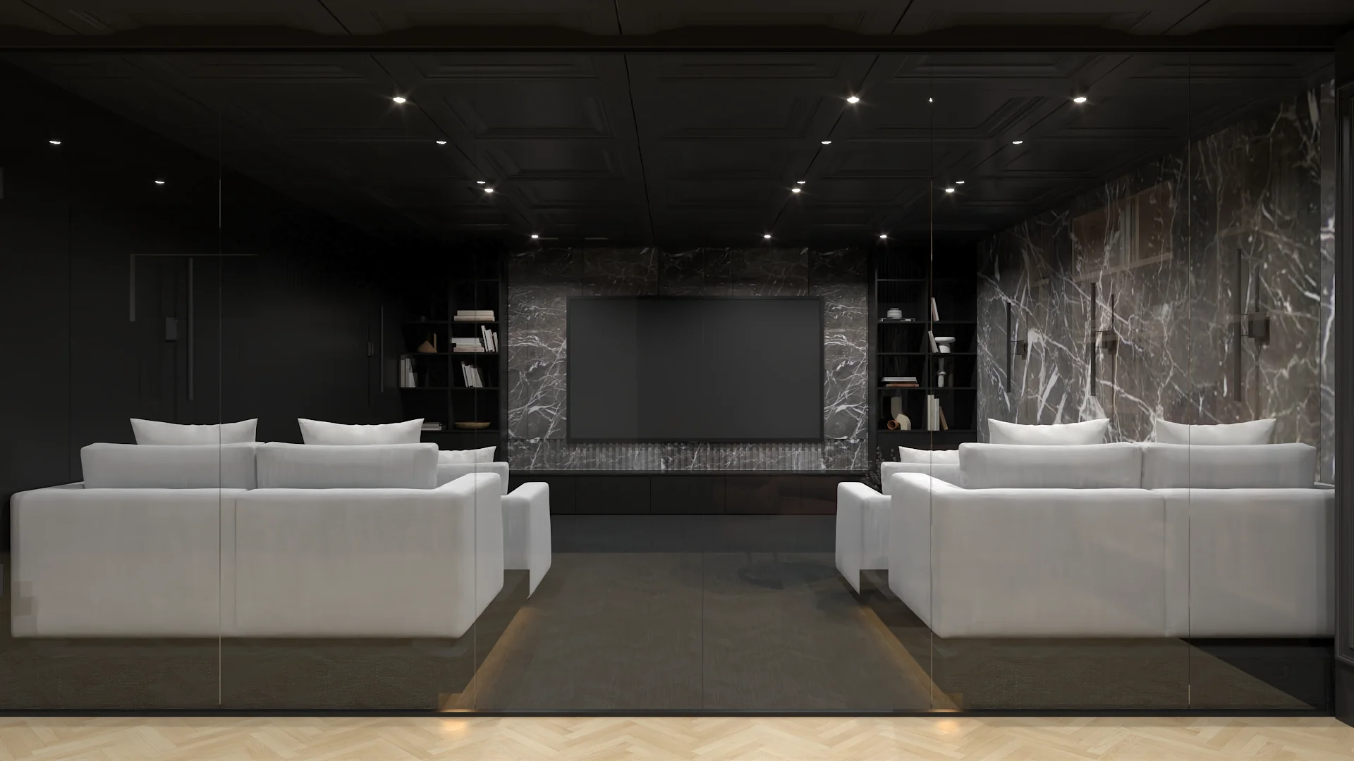 Home theater with white modular sofas, dark marble feature wall, and projector screen on coffered ceiling