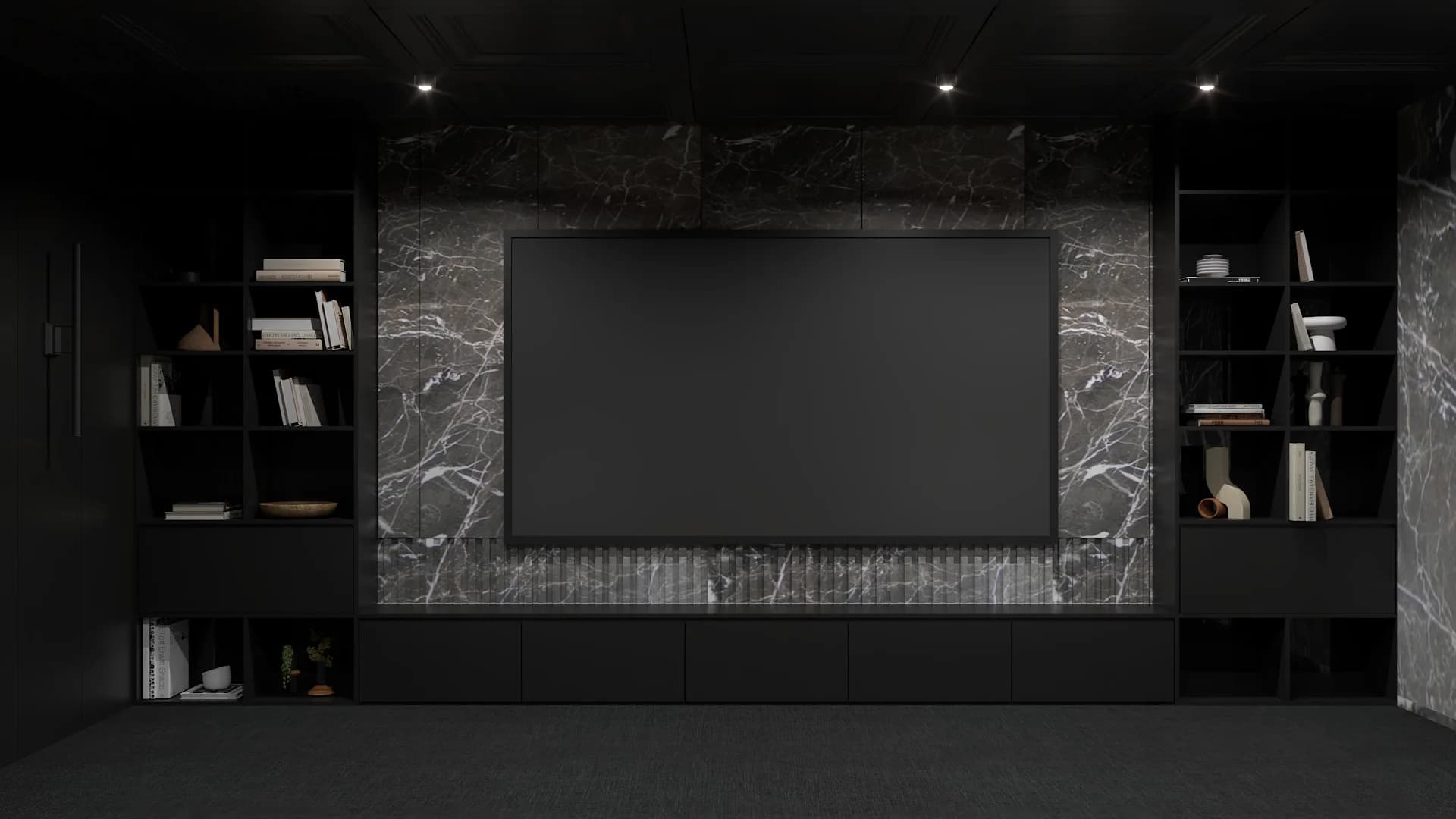 Home theater TV wall with mounted screen, dark marble surround, and flanking black bookshelves