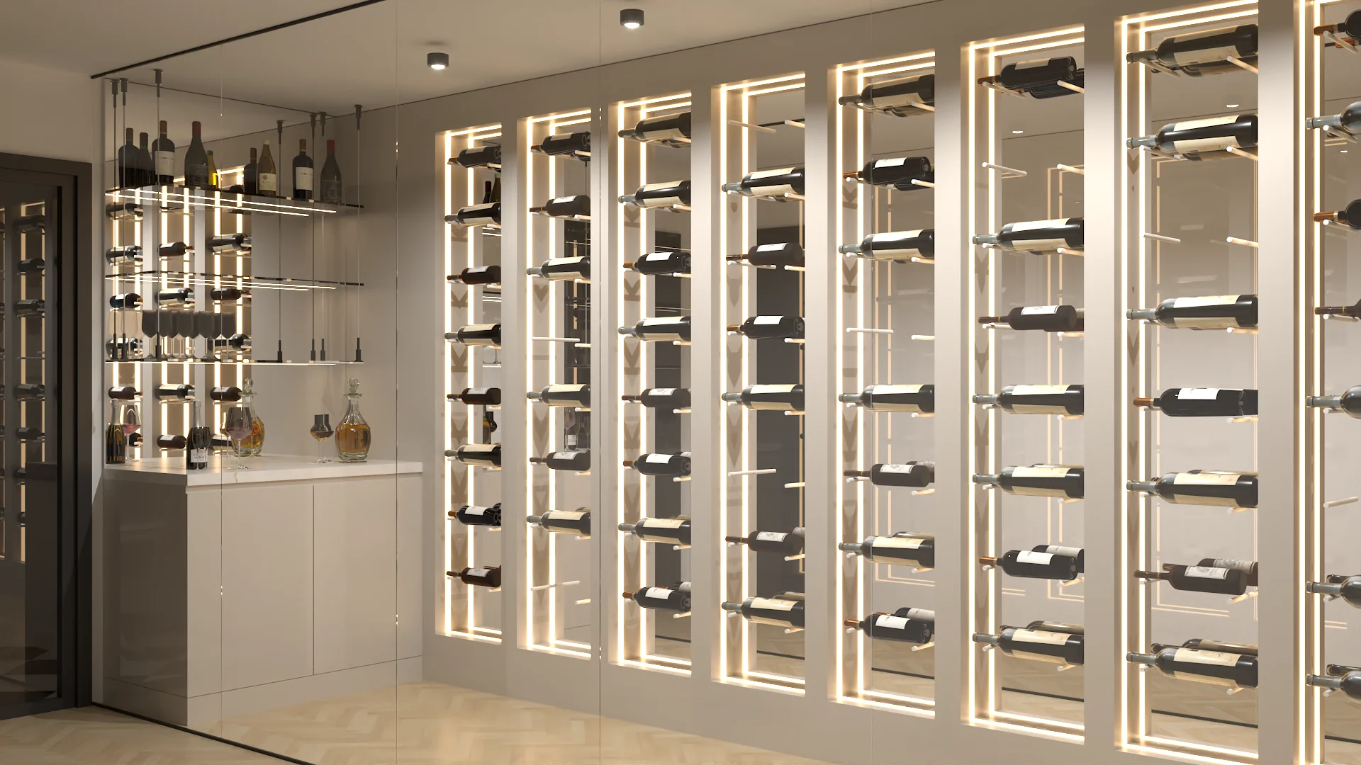 Wine bar with white counter, suspended glass shelving for spirits, and illuminated wine display wall