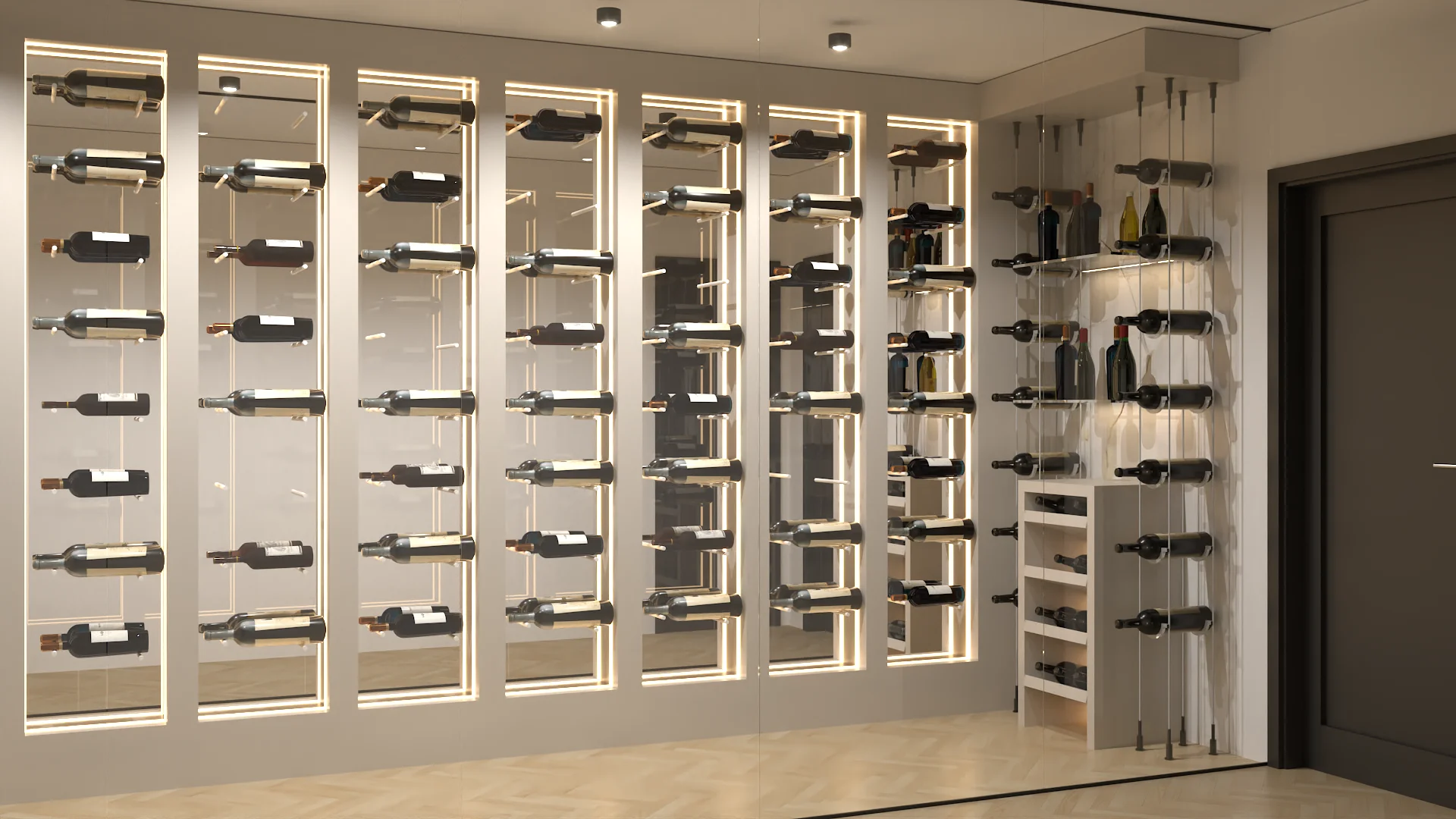 Wine cellar with seven illuminated glass bottle towers and side rack with bar shelving