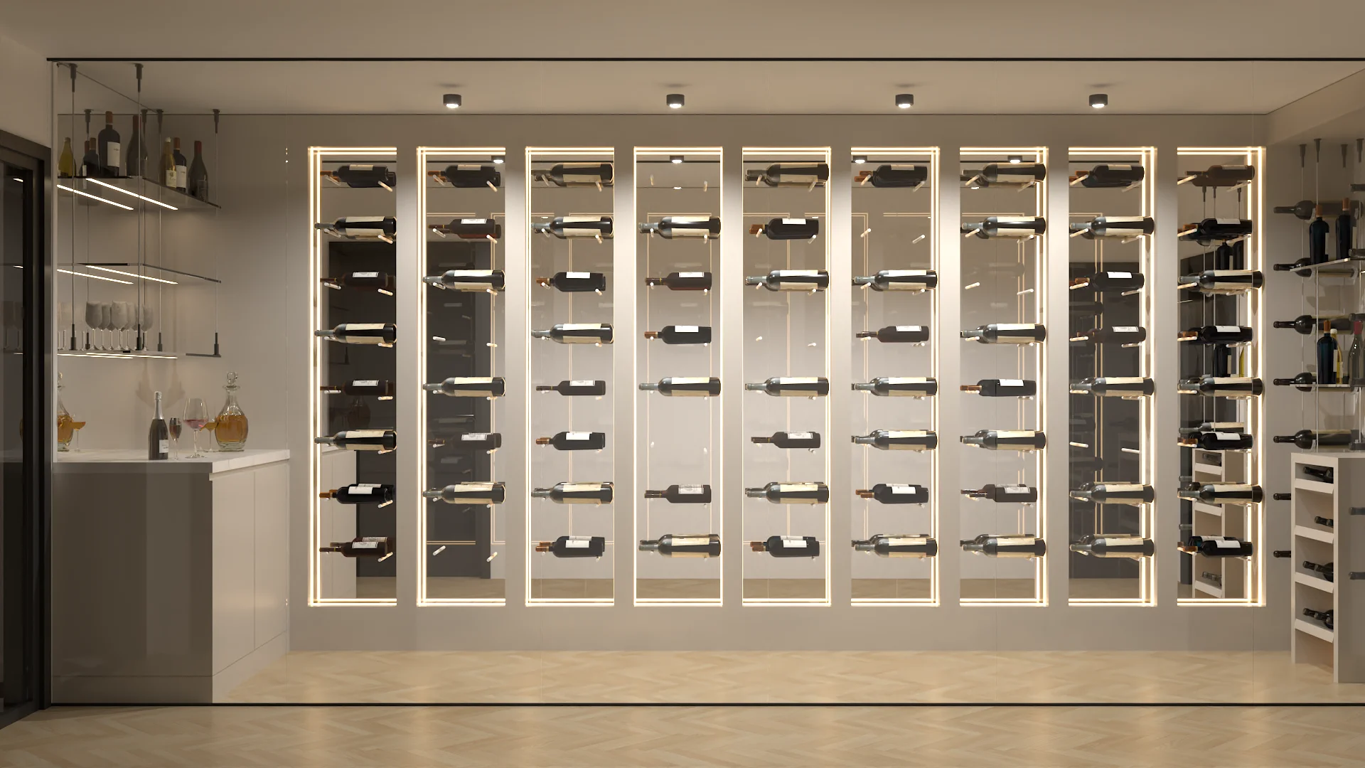 Wine cellar with floor-to-ceiling glass-fronted illuminated wine displays and wet bar at left