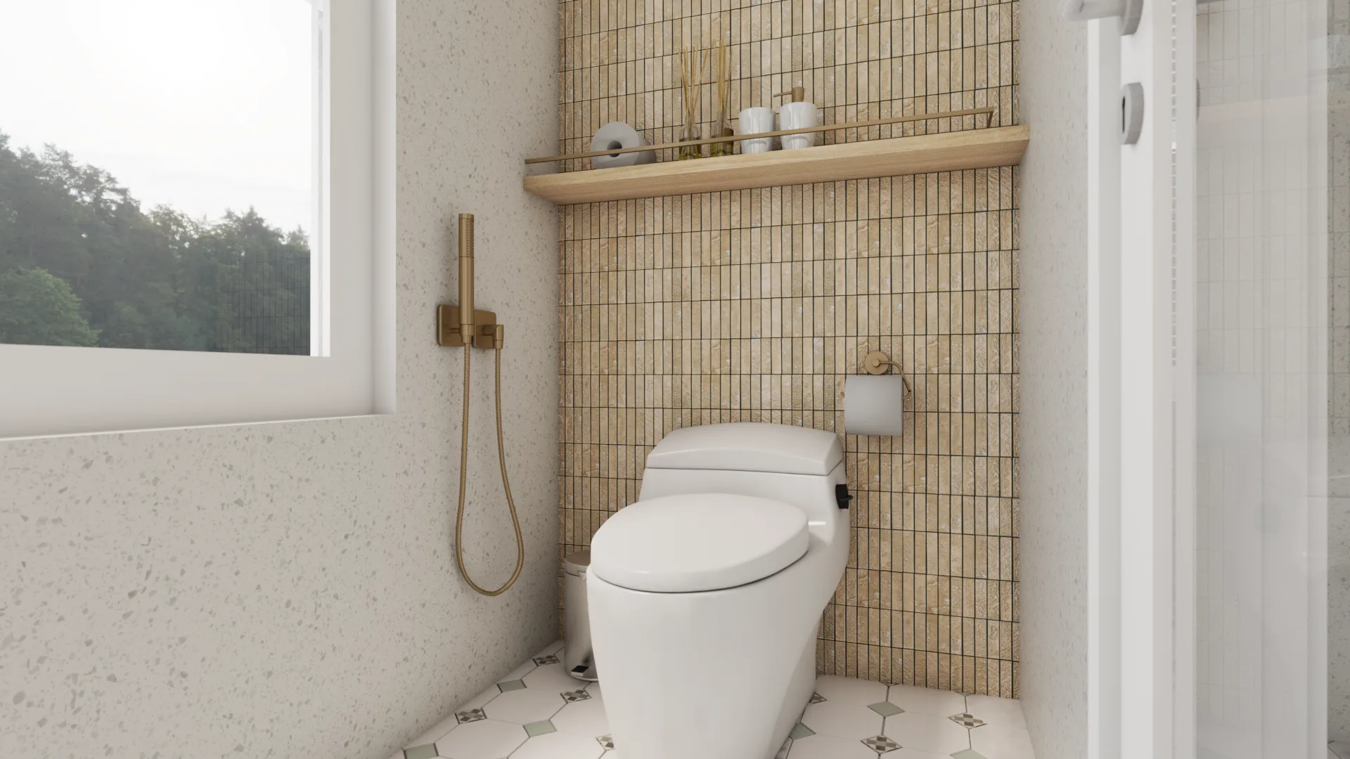 Toilet nook with warm gold mosaic tile wall, oak shelf, and brass fixtures