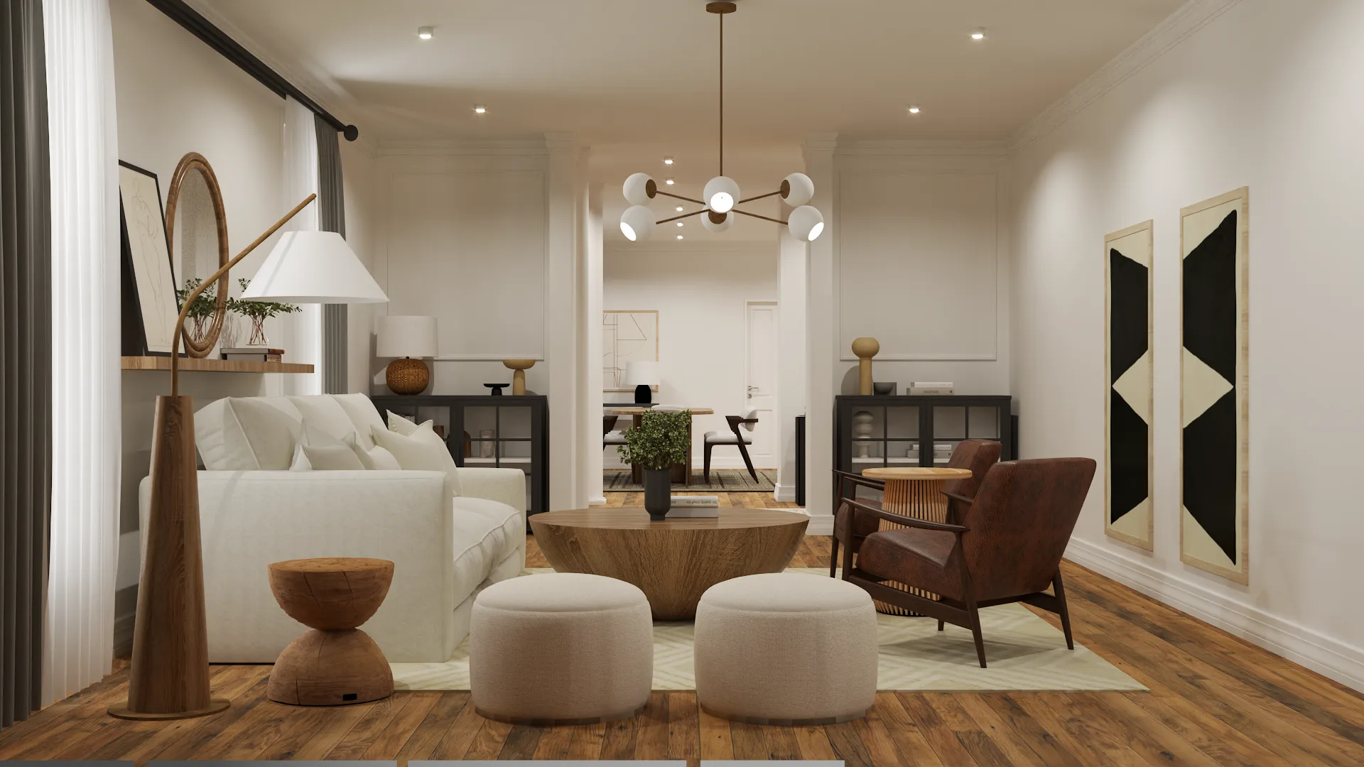 Den seating zone with cream sofa, round poufs, leather armchair, and geometric art