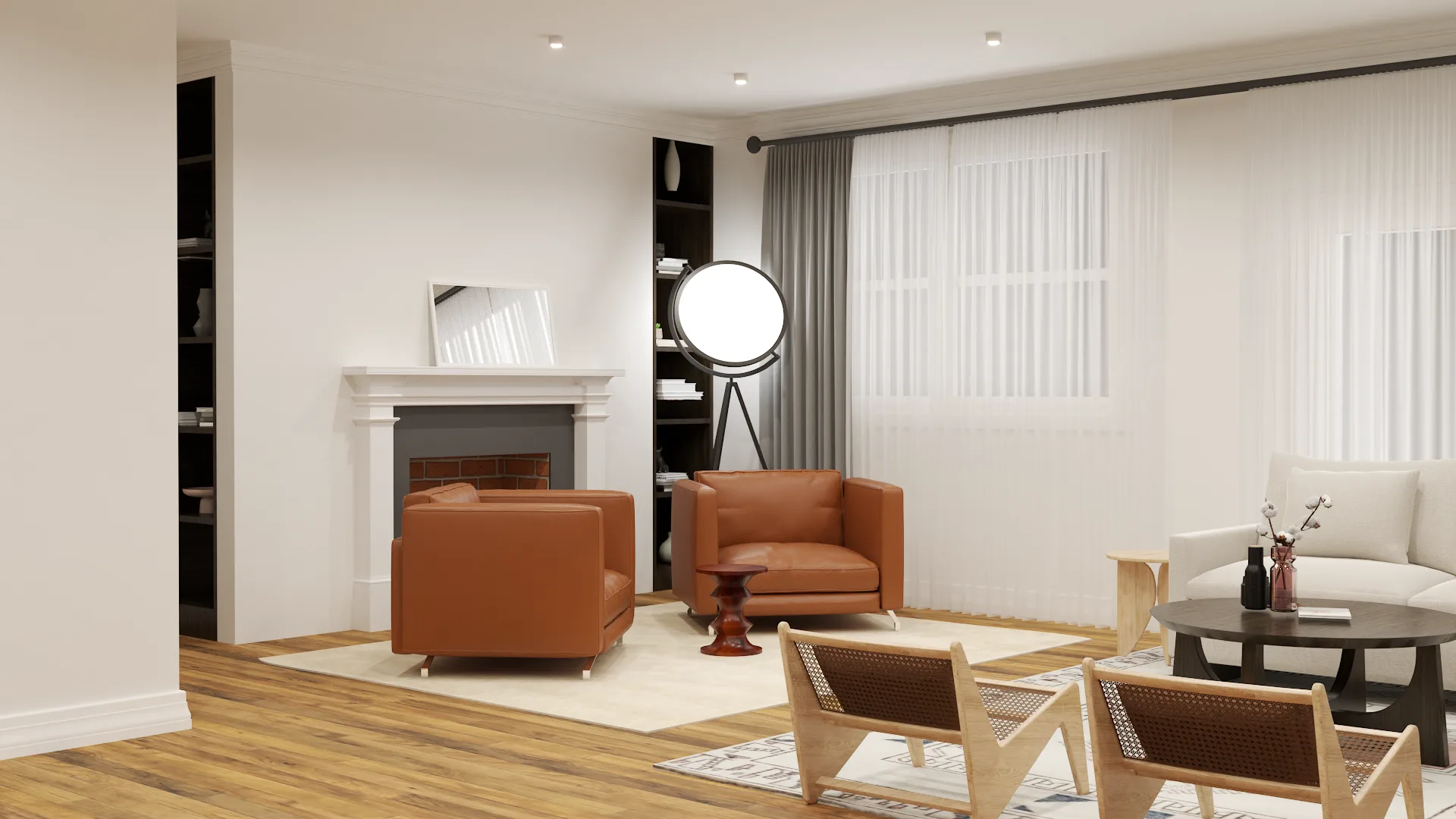 Fireplace wall with dark built-in shelves and caramel leather armchairs