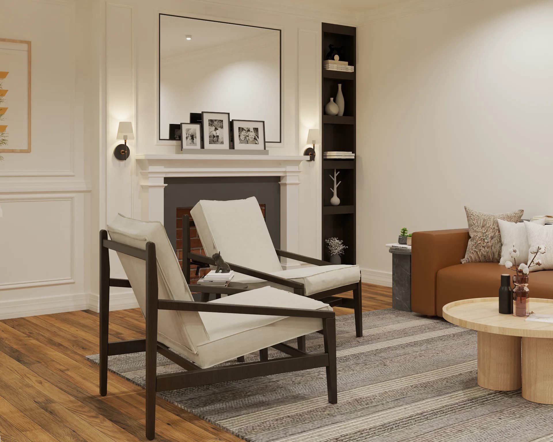 Fireplace mantel with family photos, sling chairs, and caramel leather sofa beyond