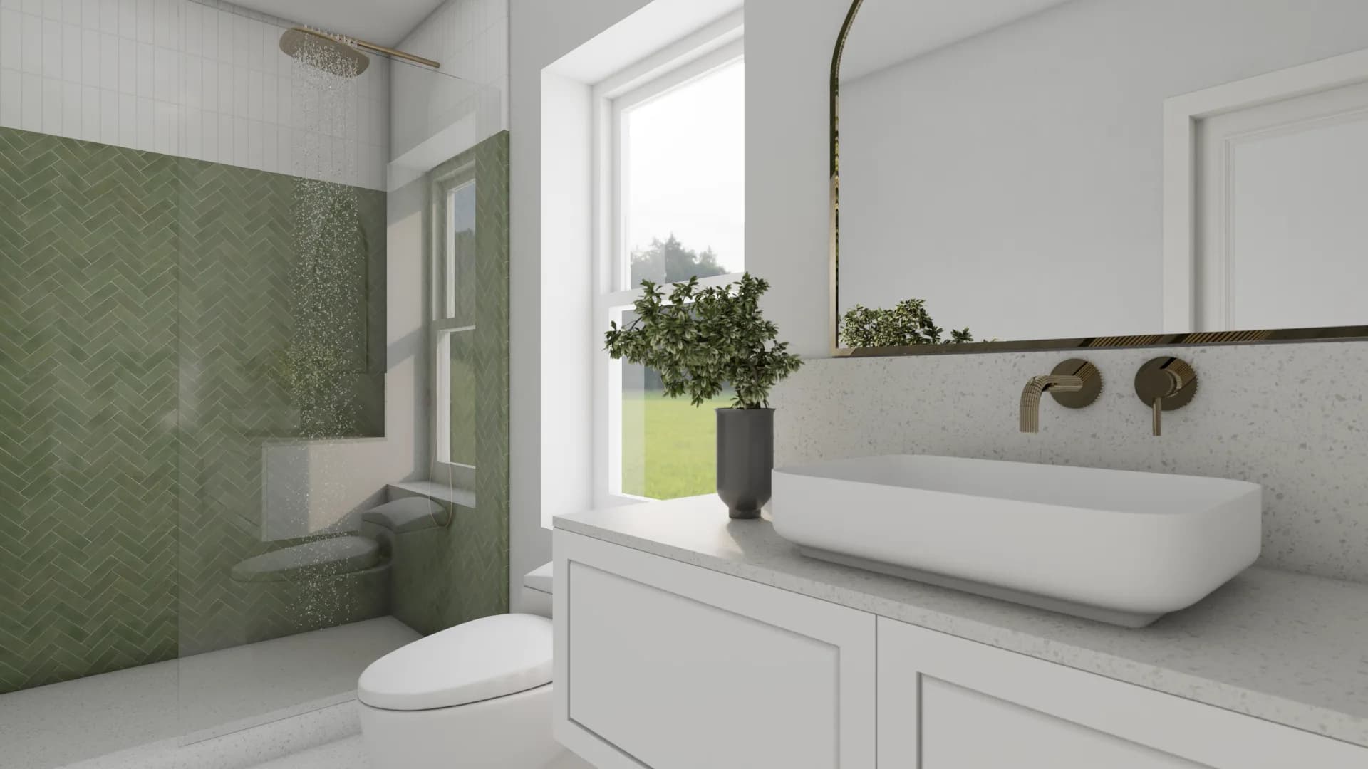 Bathroom with green herringbone shower tile, white vanity, and brass wall faucet