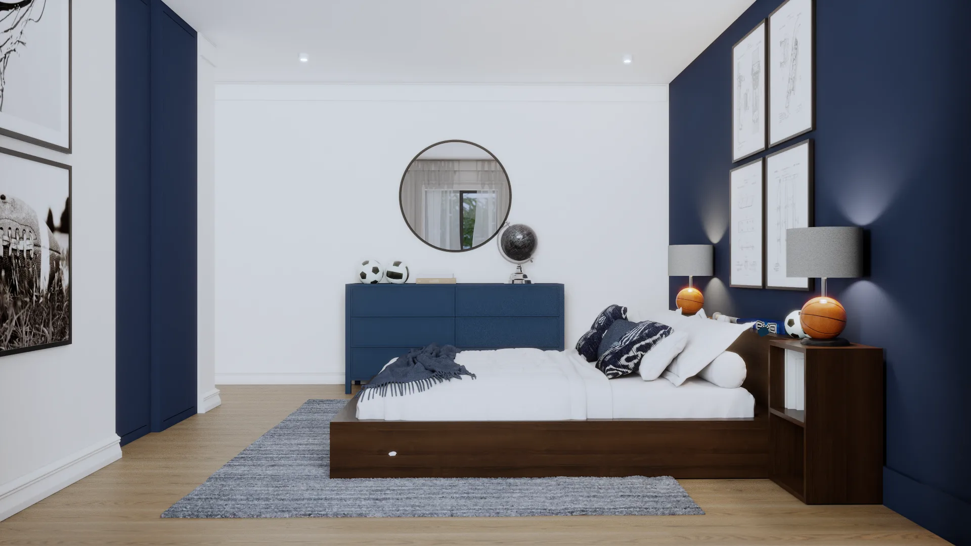 Kids room opposite wall with round mirror, navy dresser, and built-in storage