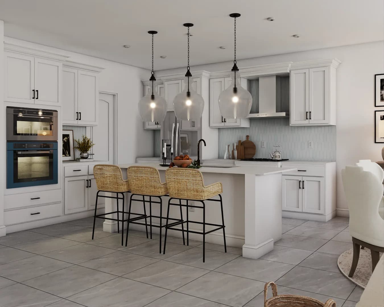 White shaker kitchen with rattan bar stools, black matte hardware, and blue backsplash