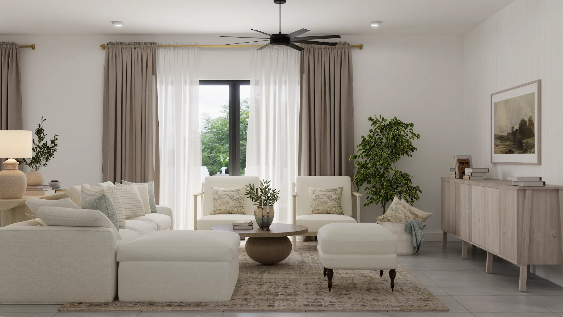 Cream accent chairs, round ottoman, wood sideboard, and tall potted plant