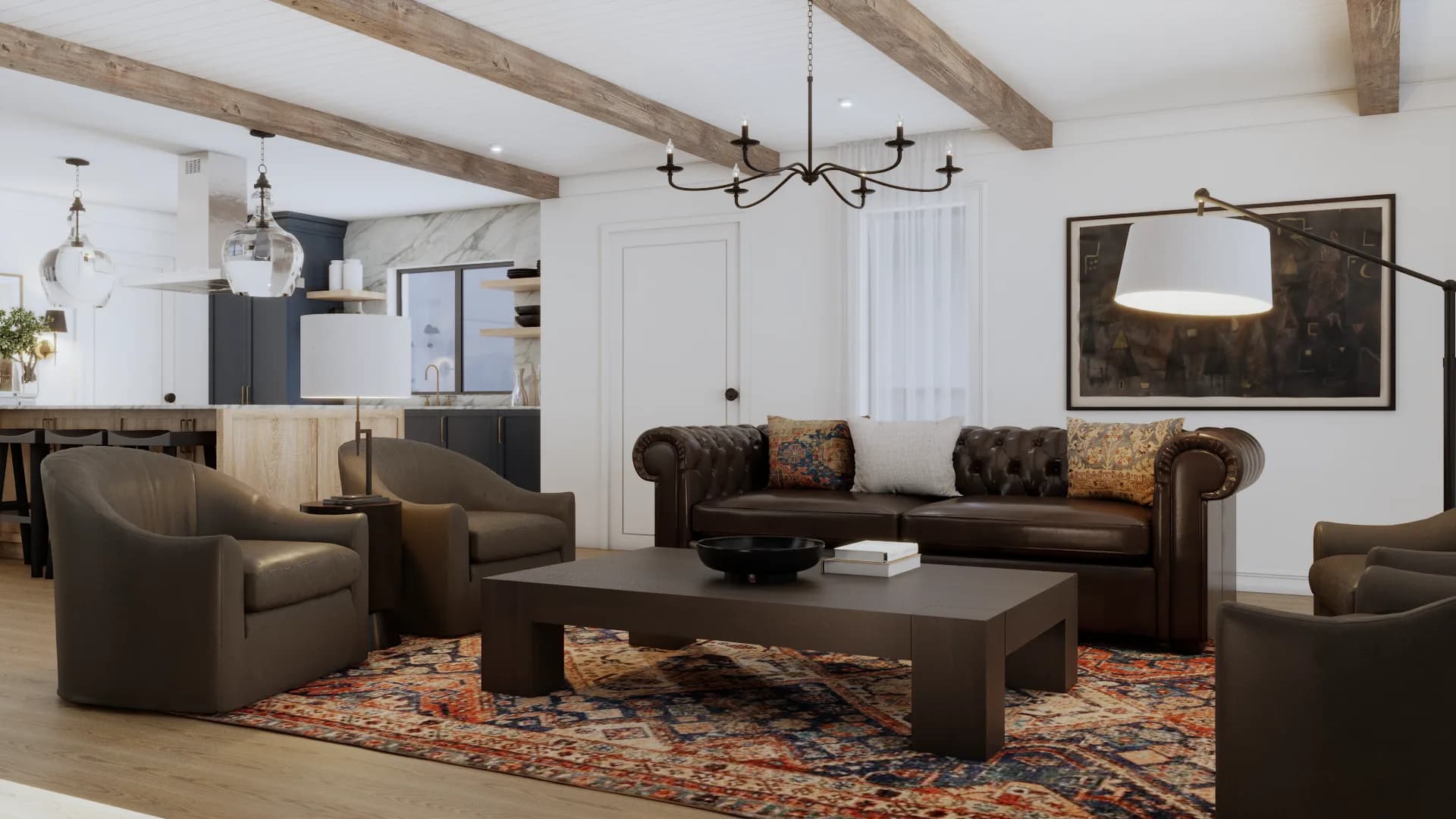 Open-plan living and kitchen with wood beams, iron chandelier, Chesterfield sofa, and navy cabinets beyond