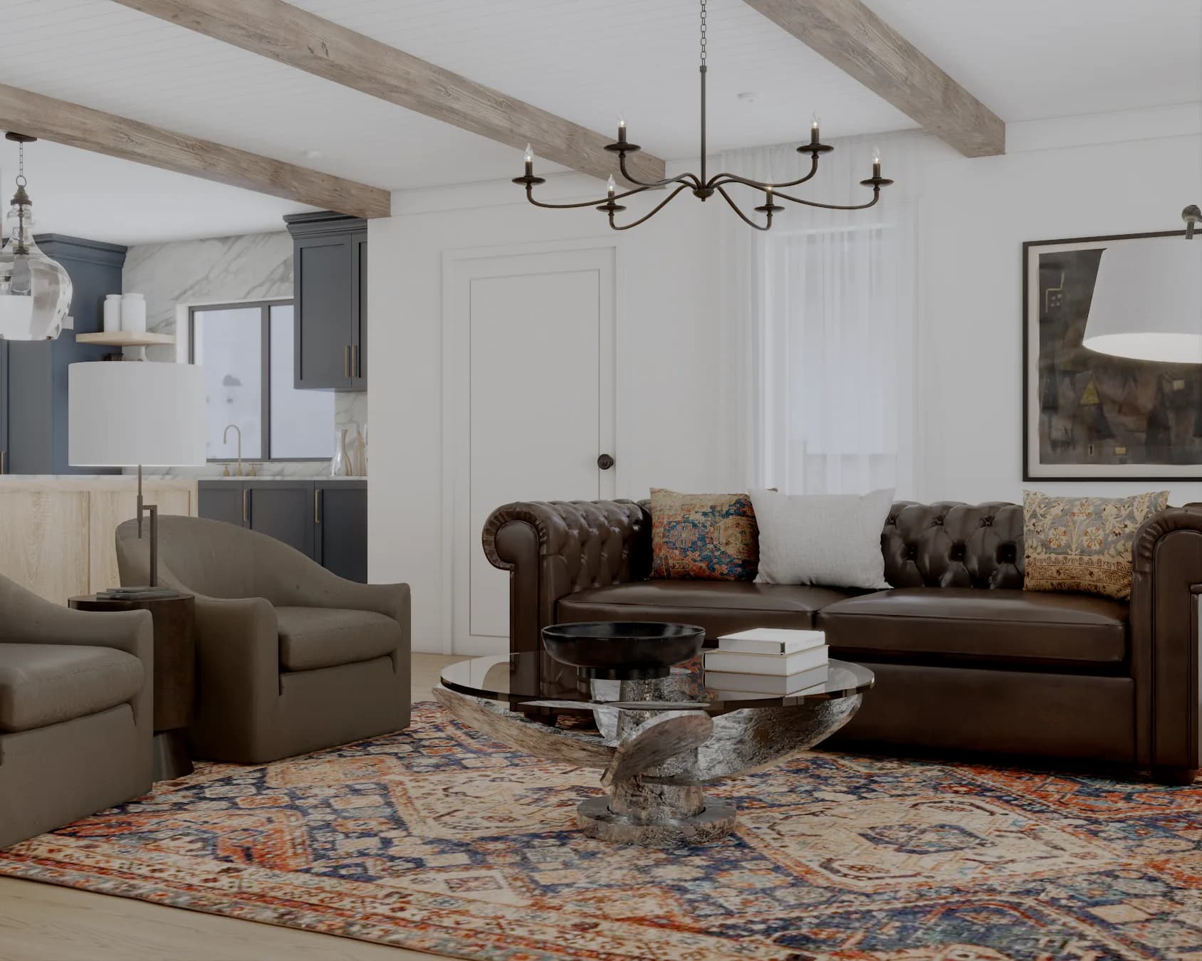 Sculptural glass coffee table in living room with navy kitchen cabinets visible beyond