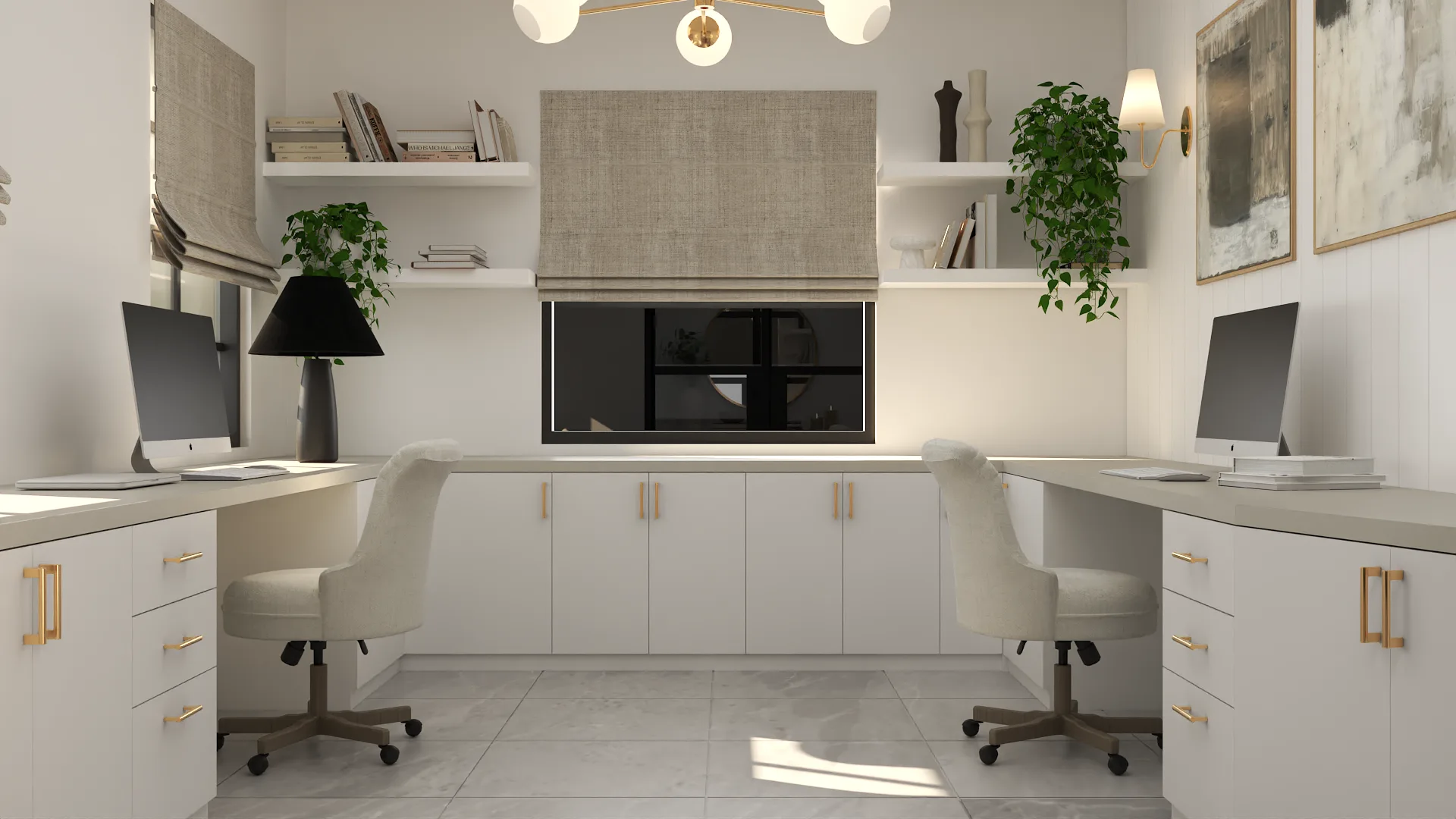 Dual desk office with white built-ins, brass hardware, and linen roman shades
