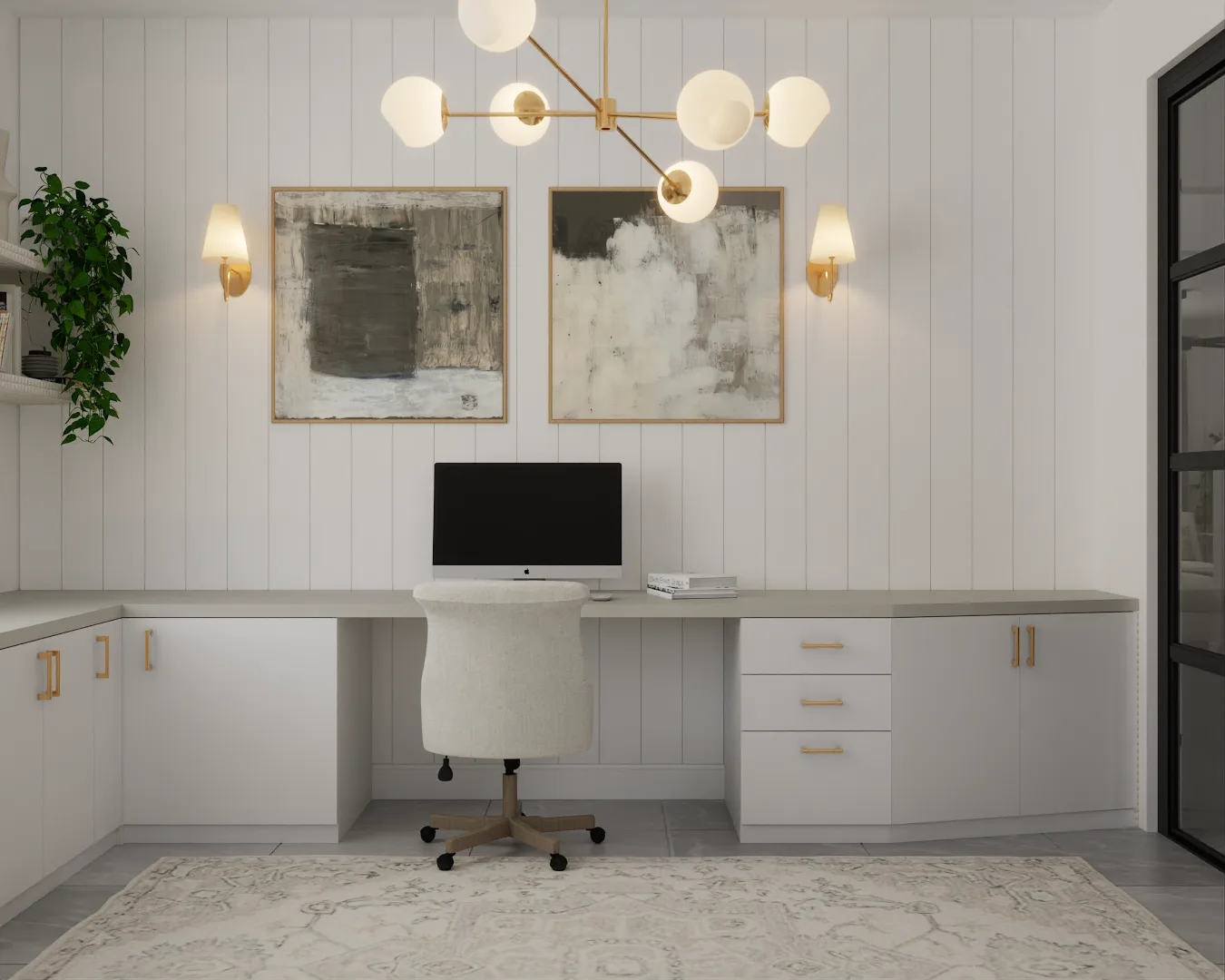 Single desk with gray cabinets, sputnik ceiling light, and abstract art