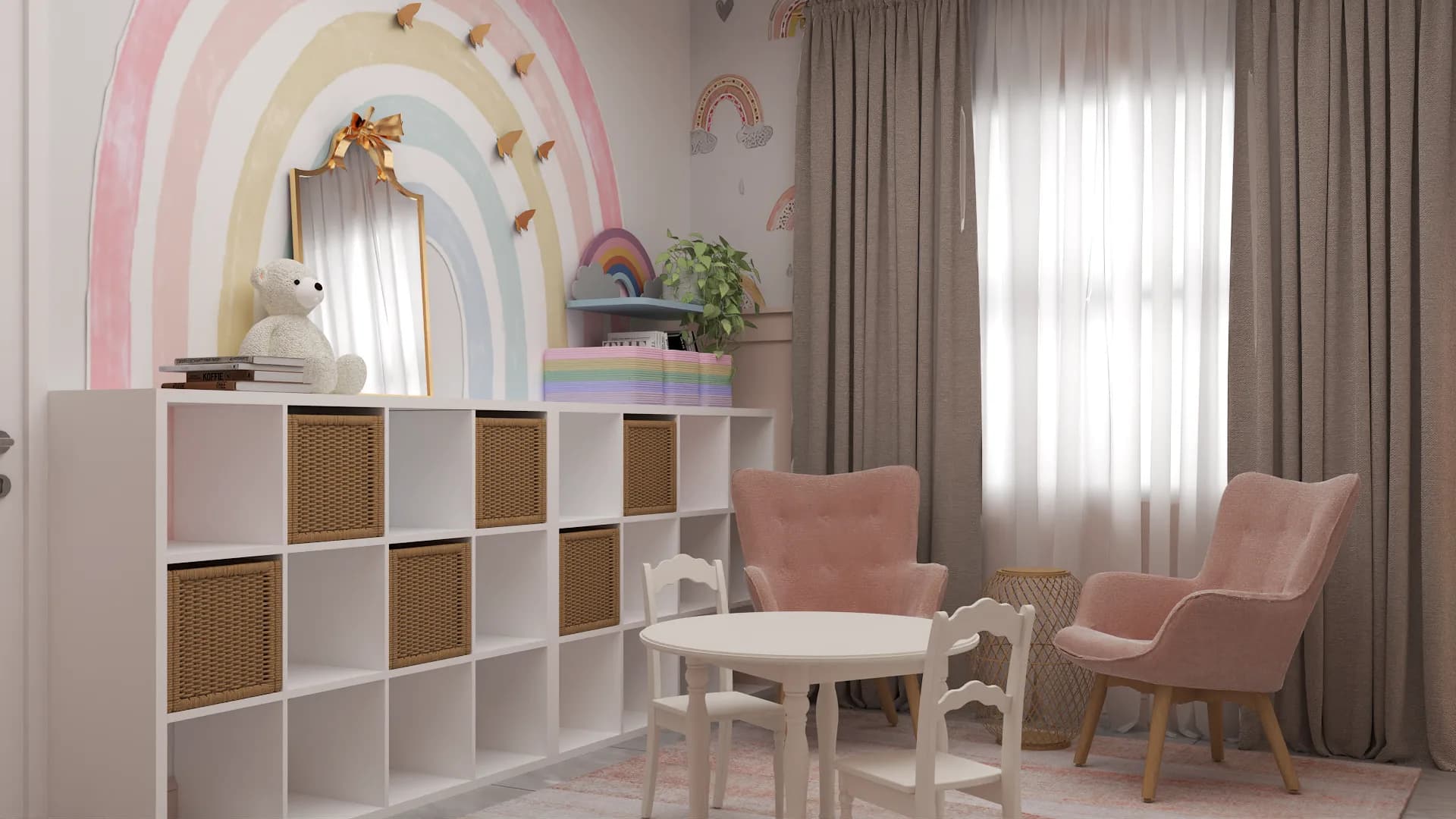 Playroom cube storage with rattan baskets, pink velvet armchairs, and round play table