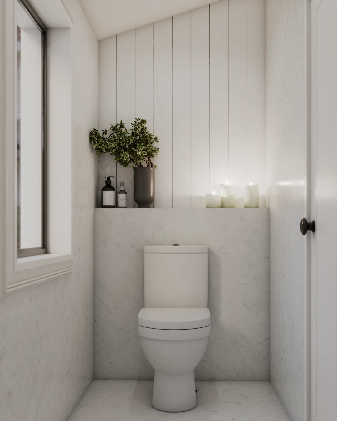 Powder room with shiplap accent wall, marble half-wall, and candle arrangement