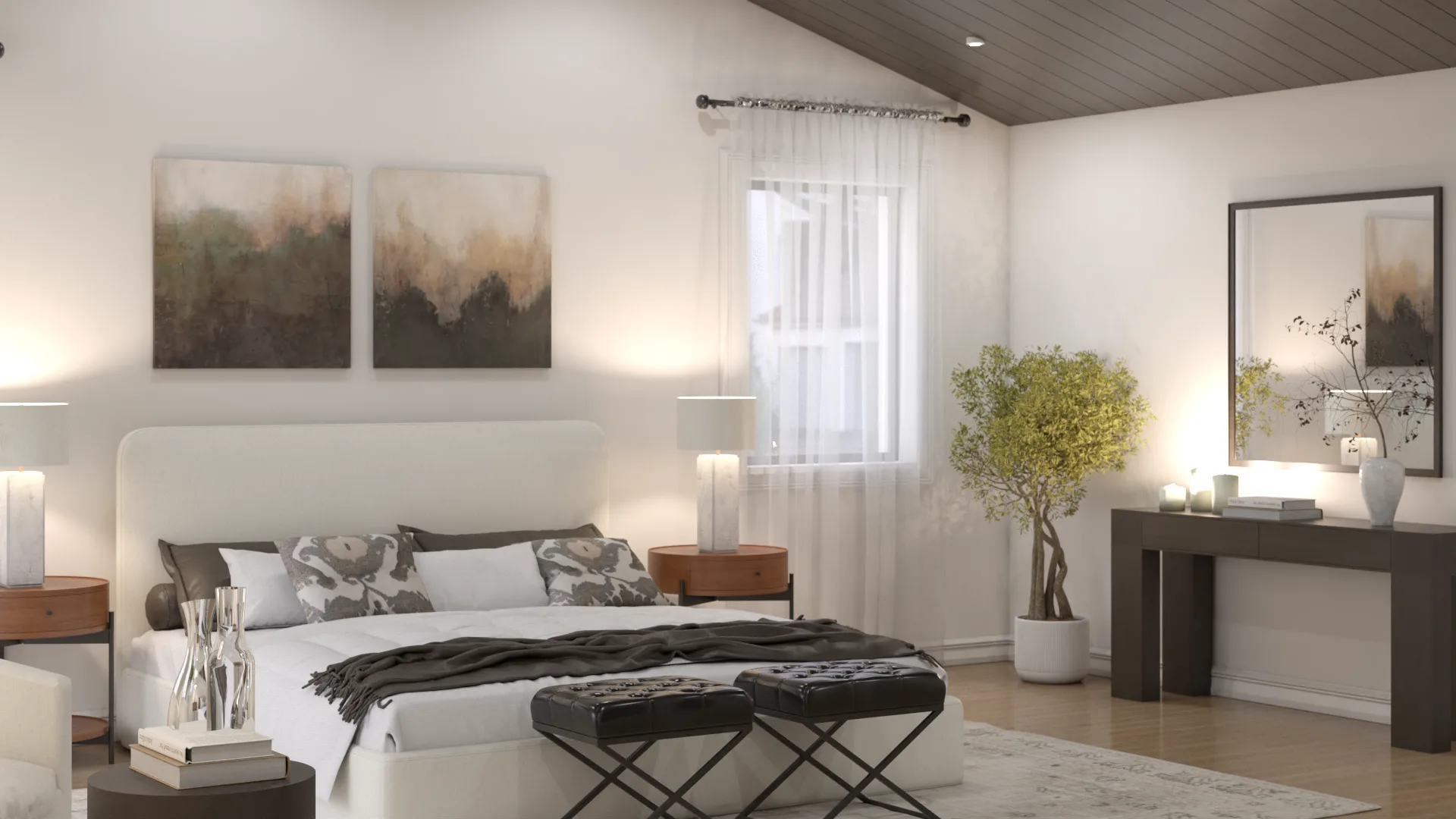Primary bedroom with vaulted dark wood ceiling, white bed, abstract diptych, and olive tree