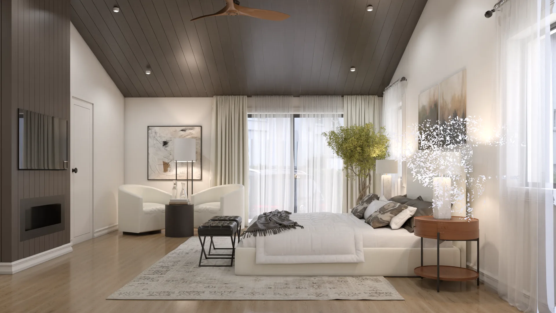 Wide primary suite showing sitting area, TV wall, and full vaulted dark ceiling span