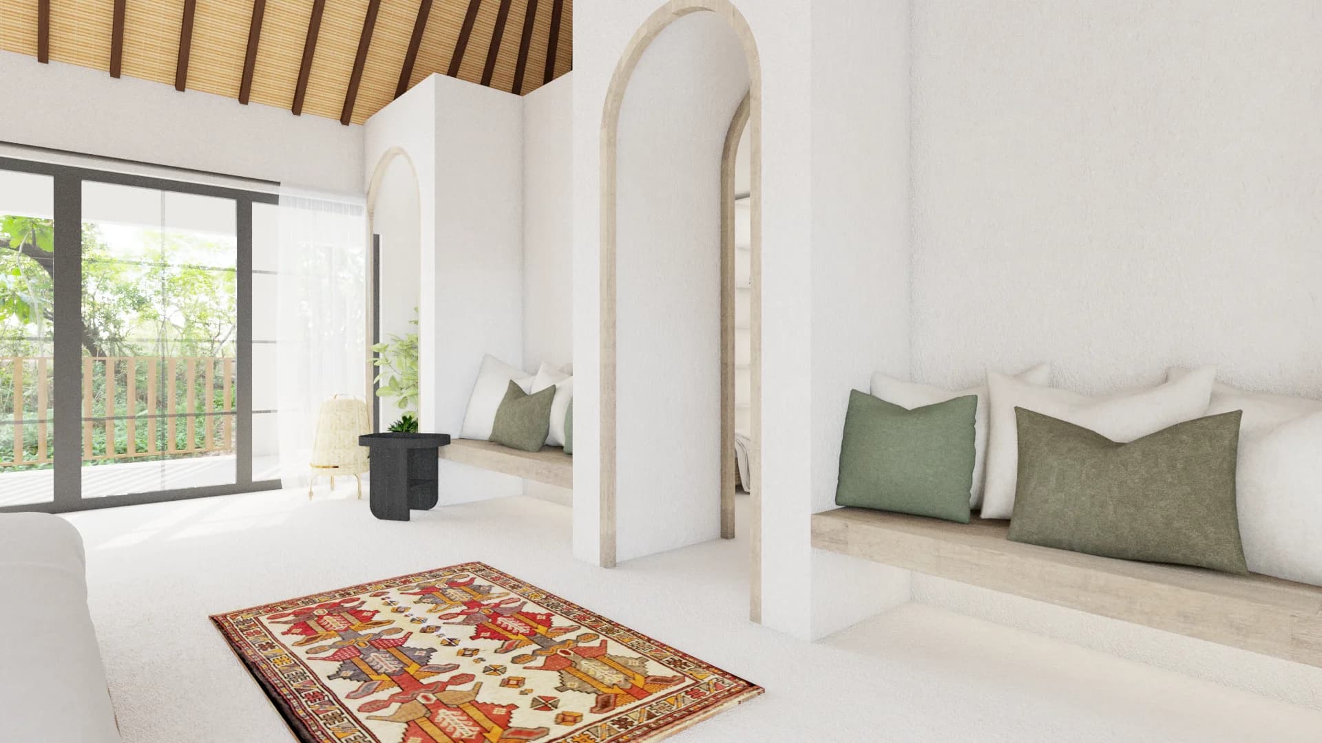 Bench seating with arched openings, kilim rug, vaulted bamboo ceiling, and balcony view