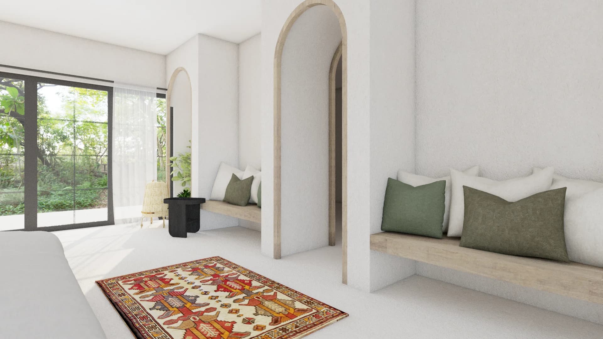 Vaulted bench alcove with arched niches, kilim rug, and built-in benches with green pillows