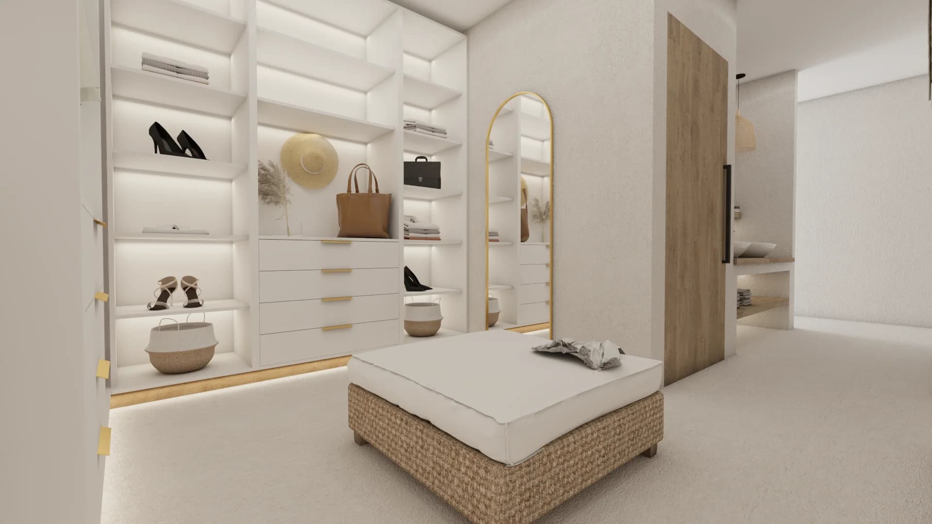 Closet wall with backlit shelves displaying shoes and bags, drawers, and rattan ottoman