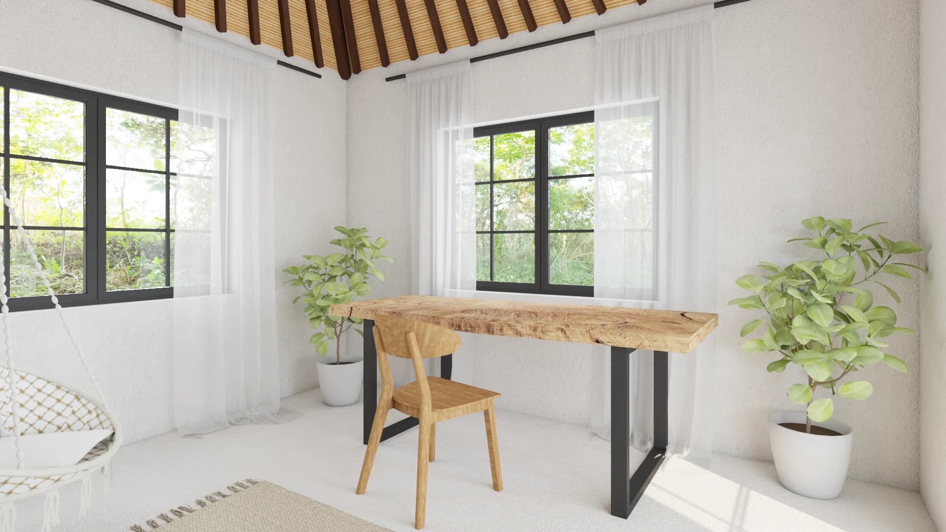 Live-edge timber desk under vaulted ceiling with sheer curtains and potted plants
