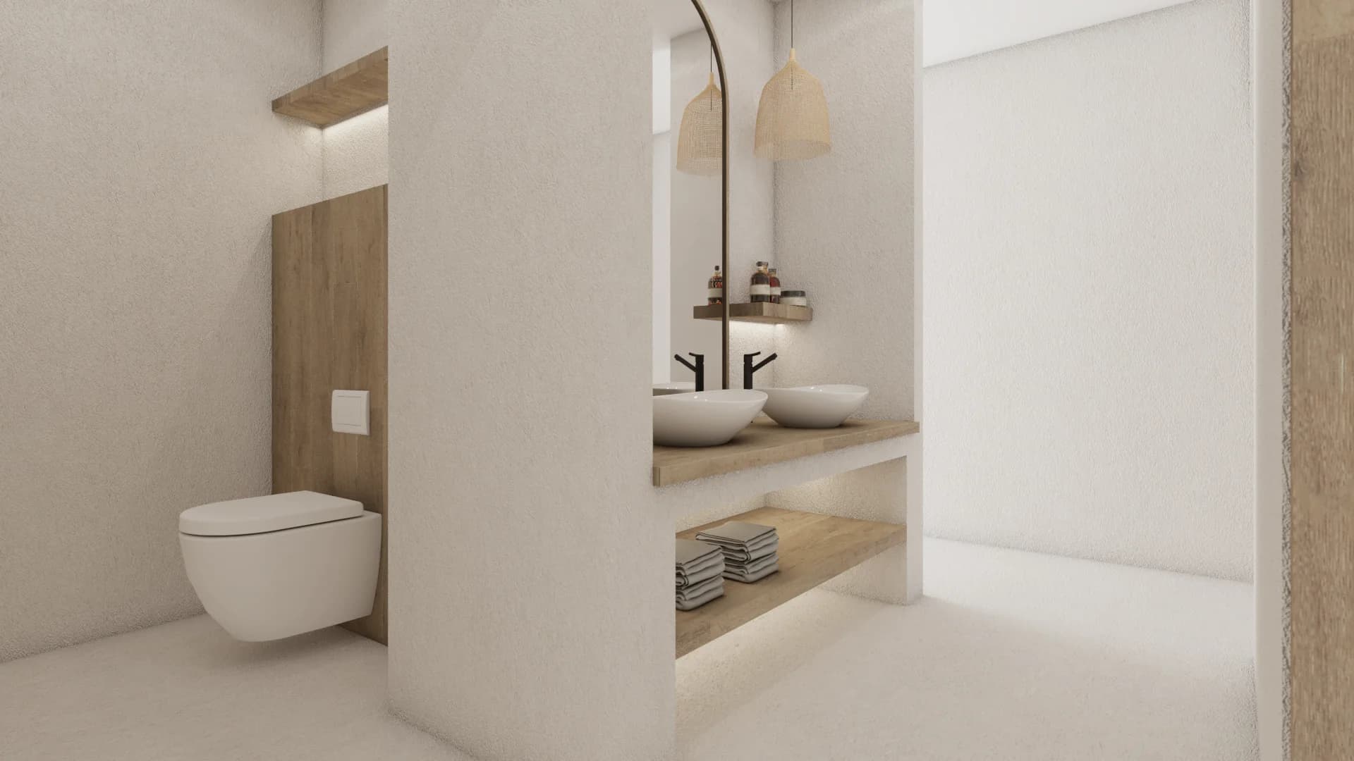Double vanity with arched mirrors, twin vessel sinks, and rattan dome pendant lights