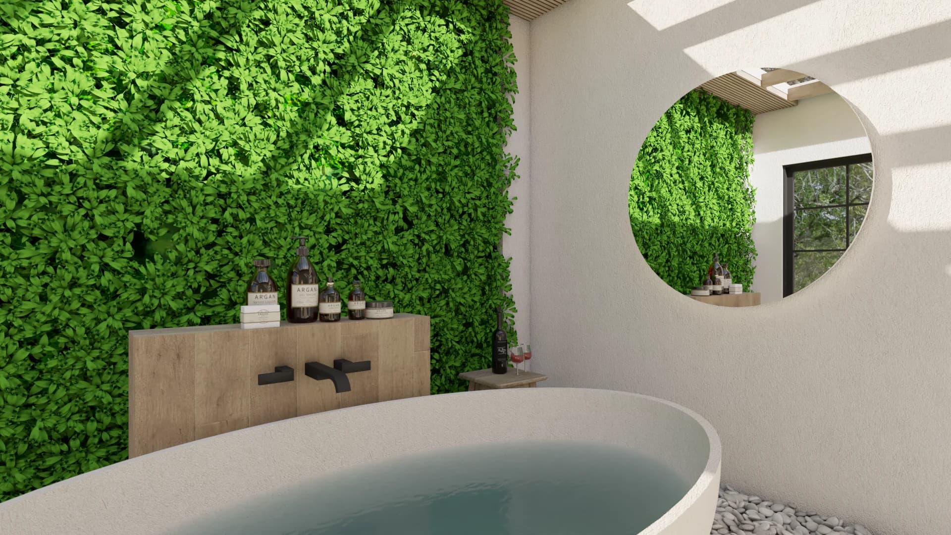 Living green moss wall close-up with stone tub, round mirror, and black wall faucet