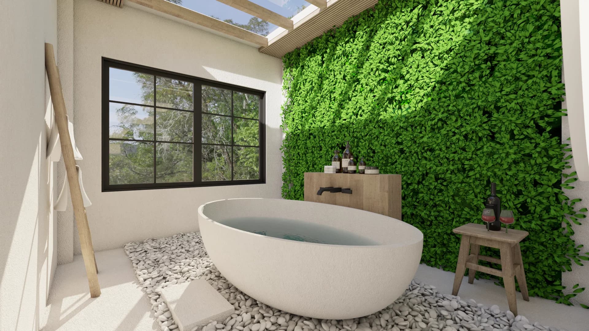 Bathroom with freestanding stone soaking tub against living green moss feature wall