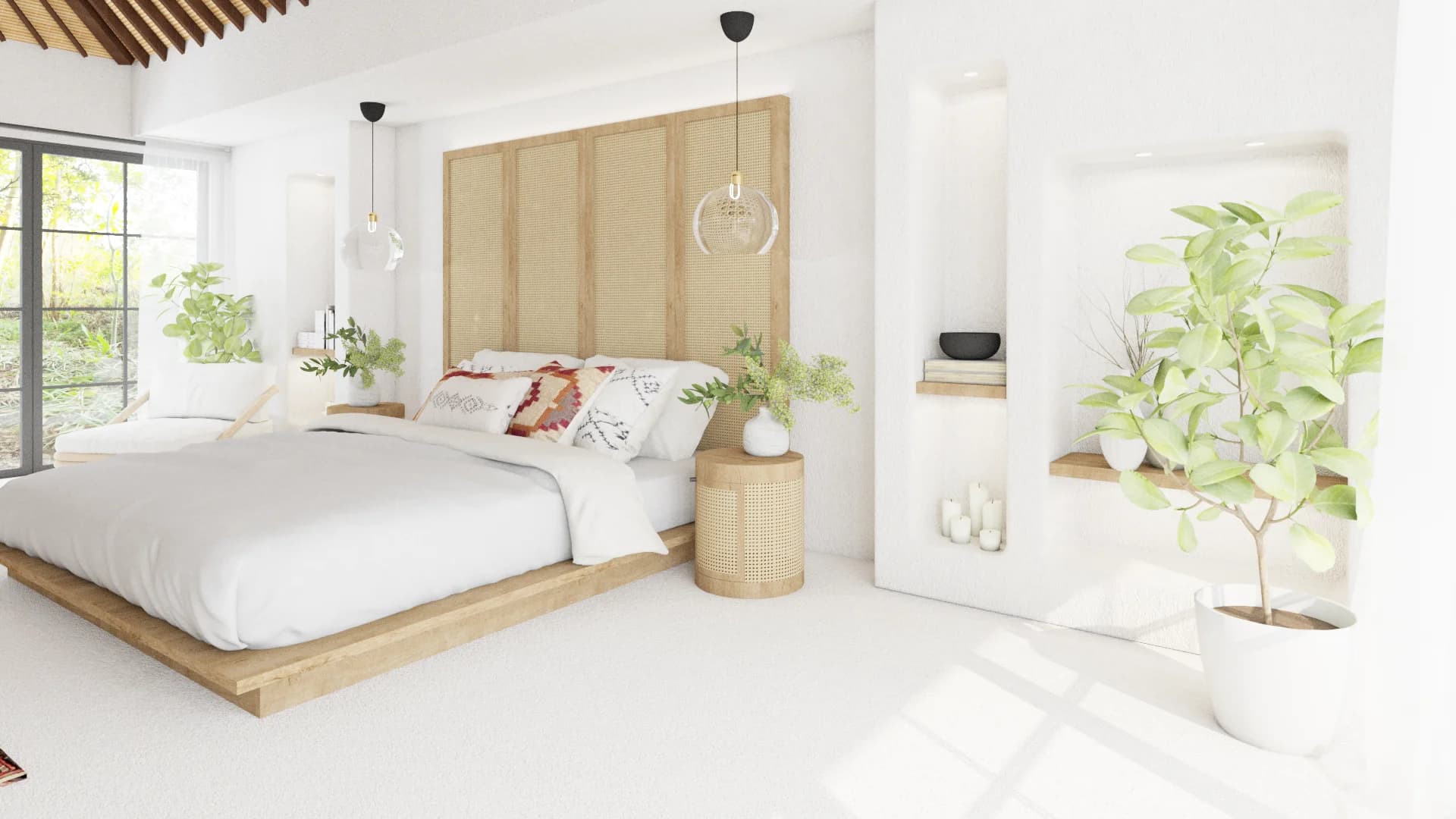 Bedroom with tall rattan headboard, side niche shelves, and pendant globes near windows