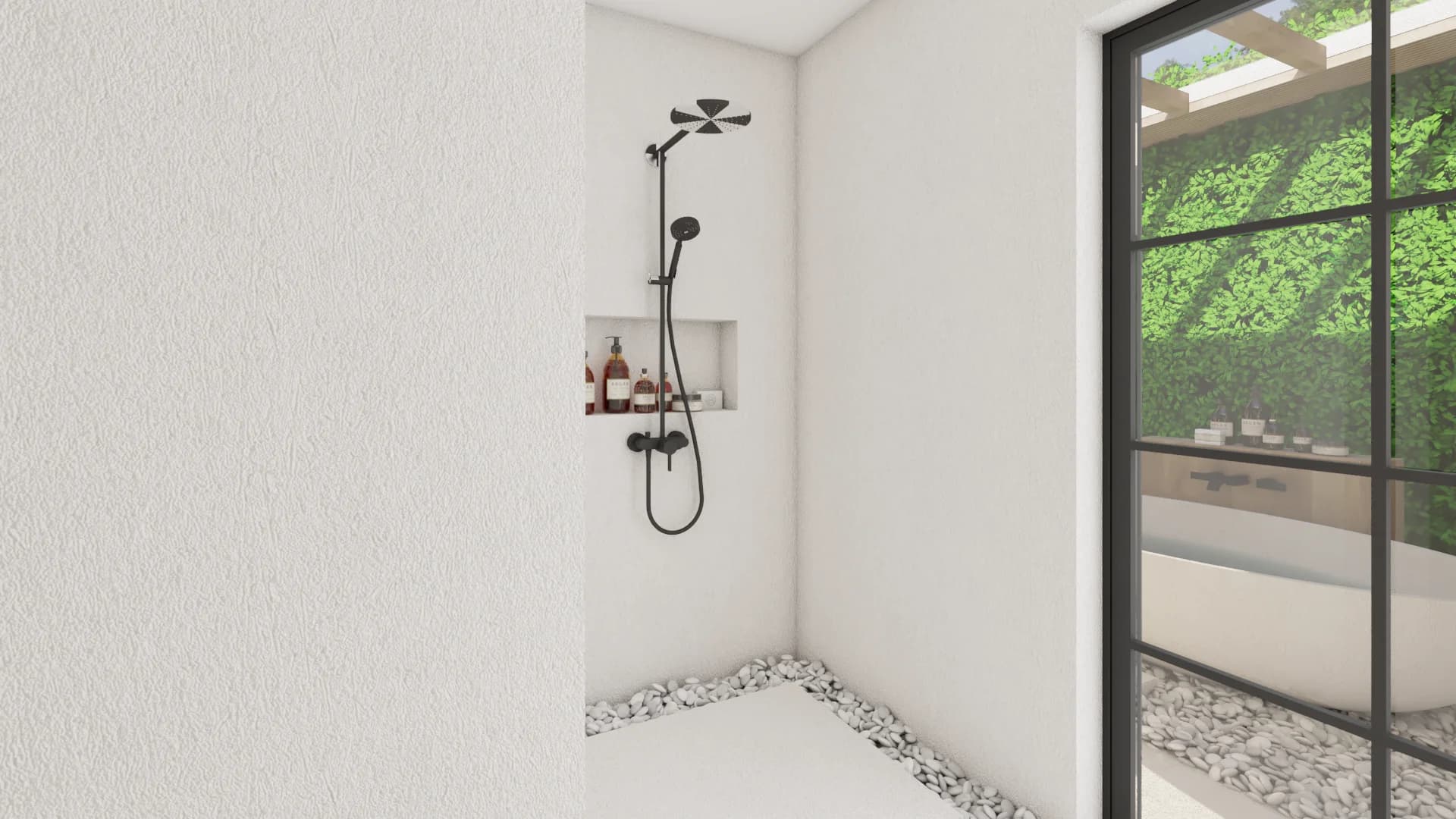 Walk-in shower with black rain head, pebble floor, niche shelves, and ladder accent
