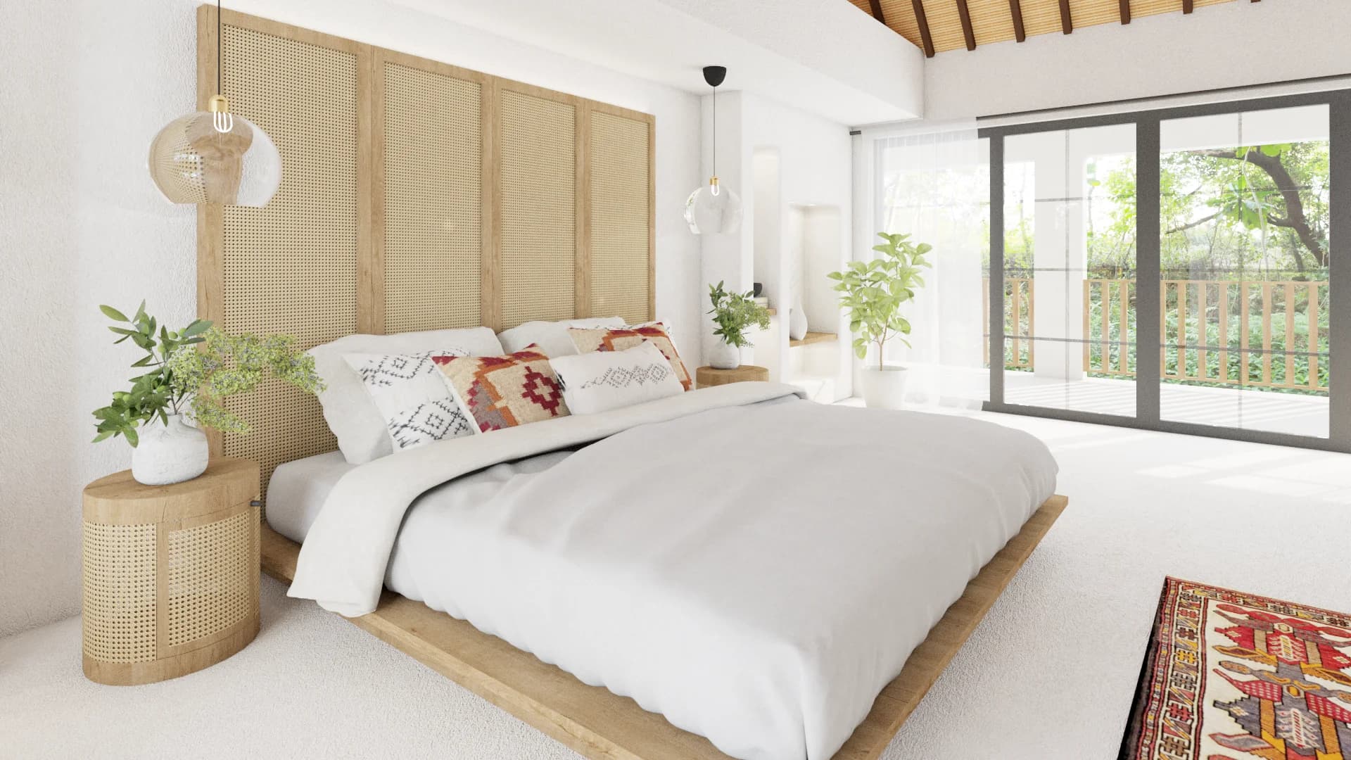 Bedroom with tall rattan panel headboard, kilim pillows, low platform bed, and pendant globes under vault